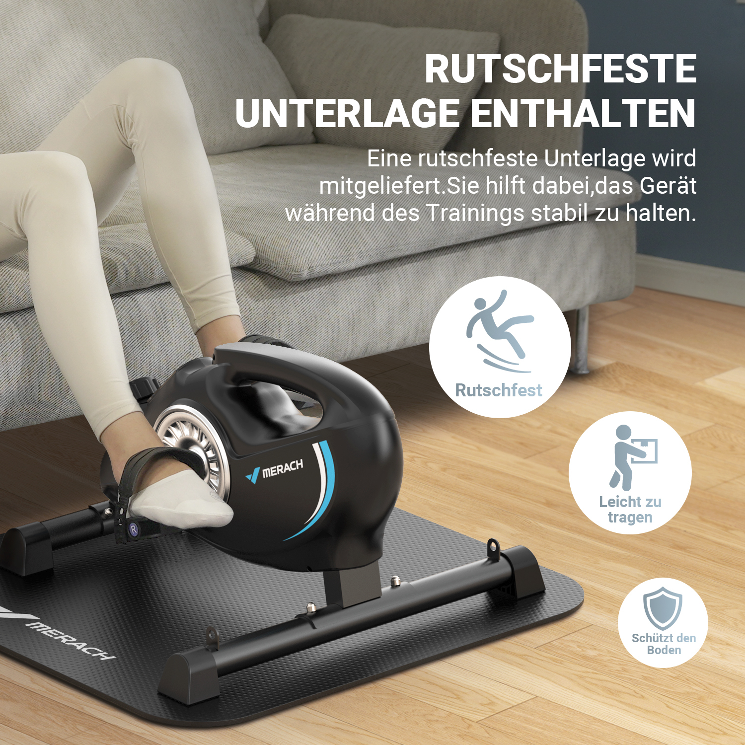 Eine Person trainiert auf einem schwarzen Heimtrainer auf einer Matte. Rutschfest, leicht zu tragen.