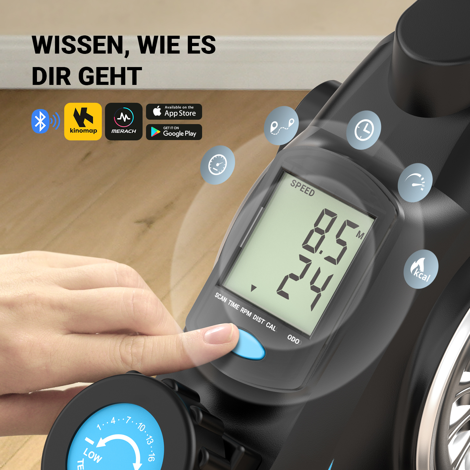 Ein Finger drückt auf ein Display eines Heimtrainers mit Geschwindigkeit und Kalorienanzeige.