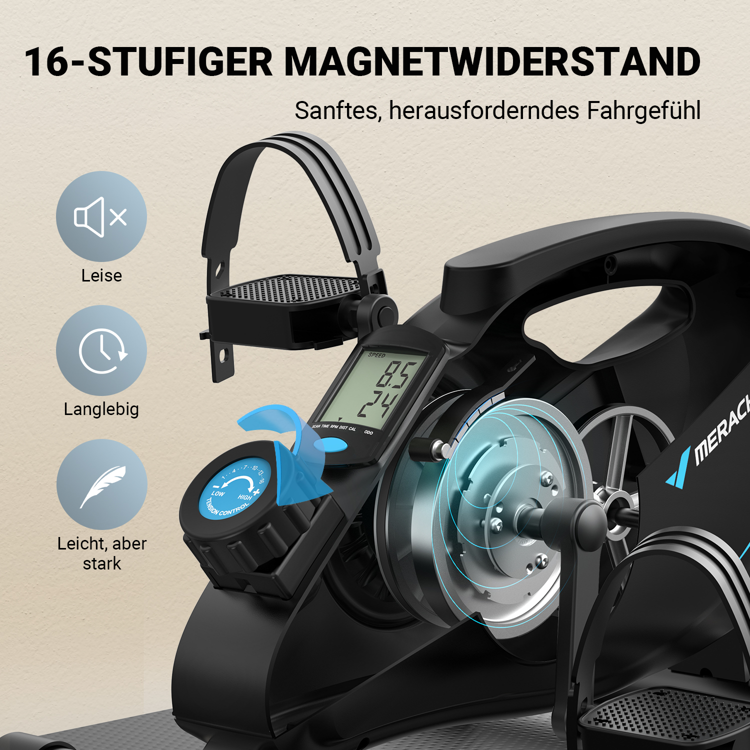 Ein schwarzes Heimtrainer-Detail mit digitalem Display, Pedalen und Widerstandsregler.