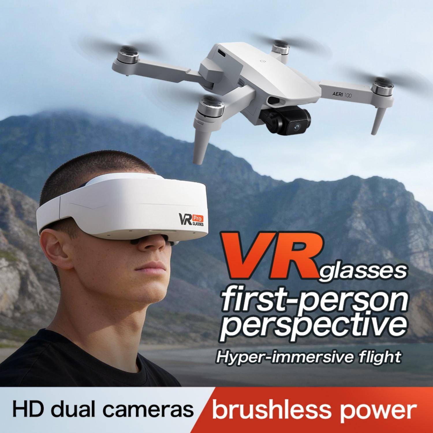 Ein Mann trägt eine VR-Brille, während eine Drohne in der Luft fliegt. Berge im Hintergrund.