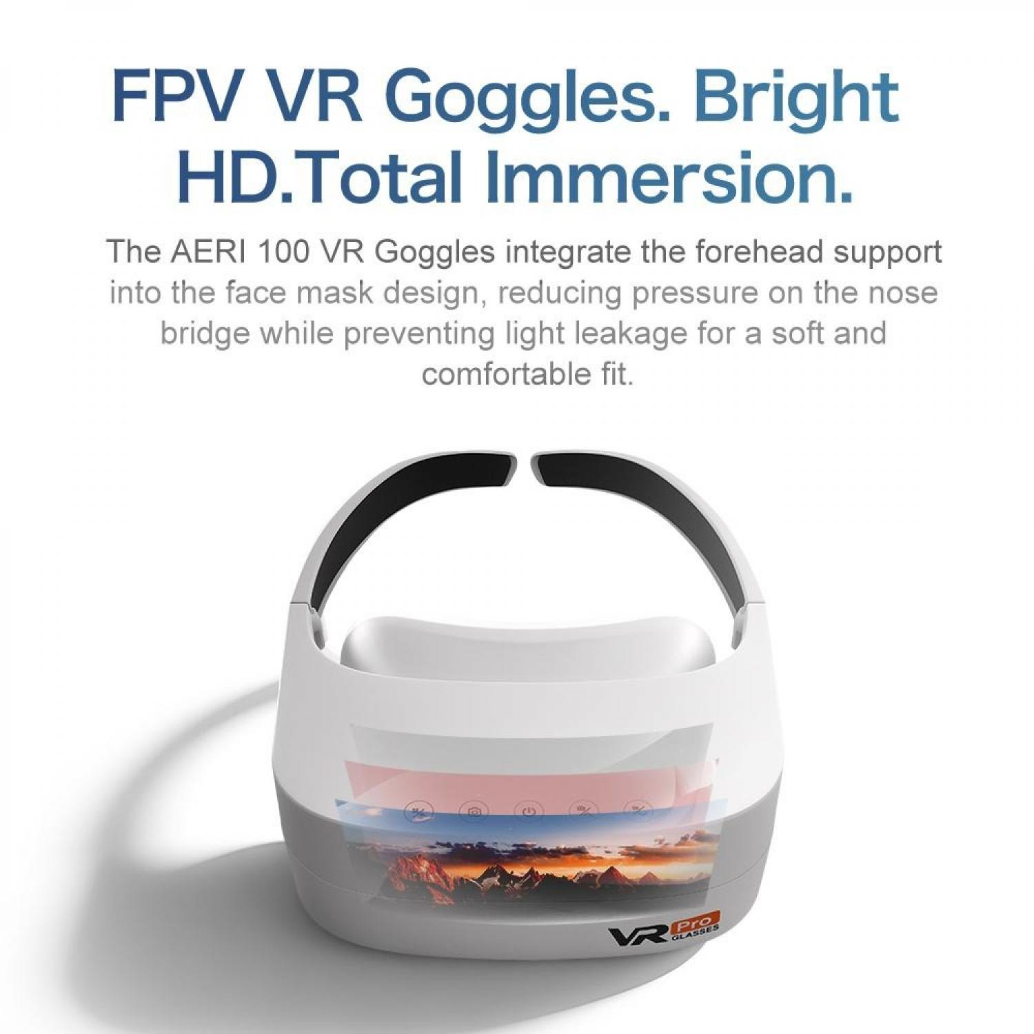 Weiße VR-Brille mit schwarzem Kopfbügel und Berglandschaftsanzeige.