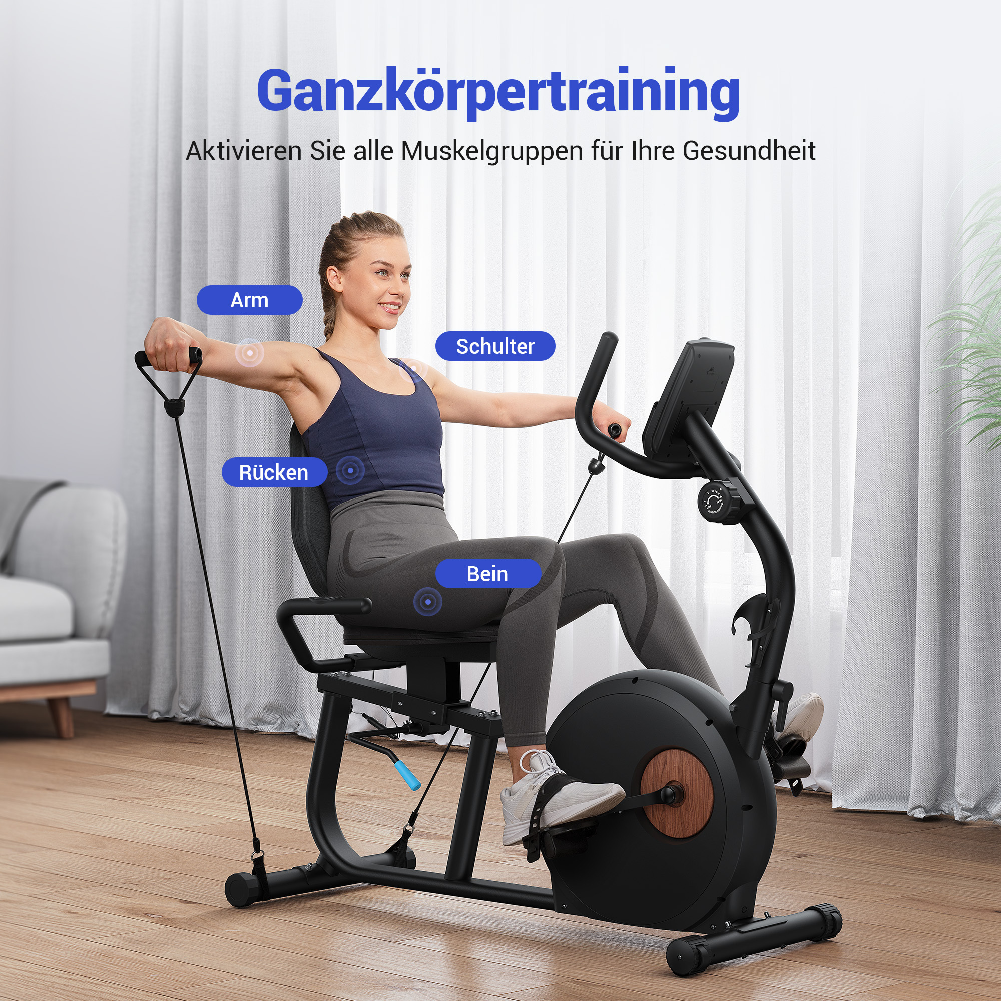 Frau auf Heimtrainer mit Kabelzügen für Ganzkörpertraining.