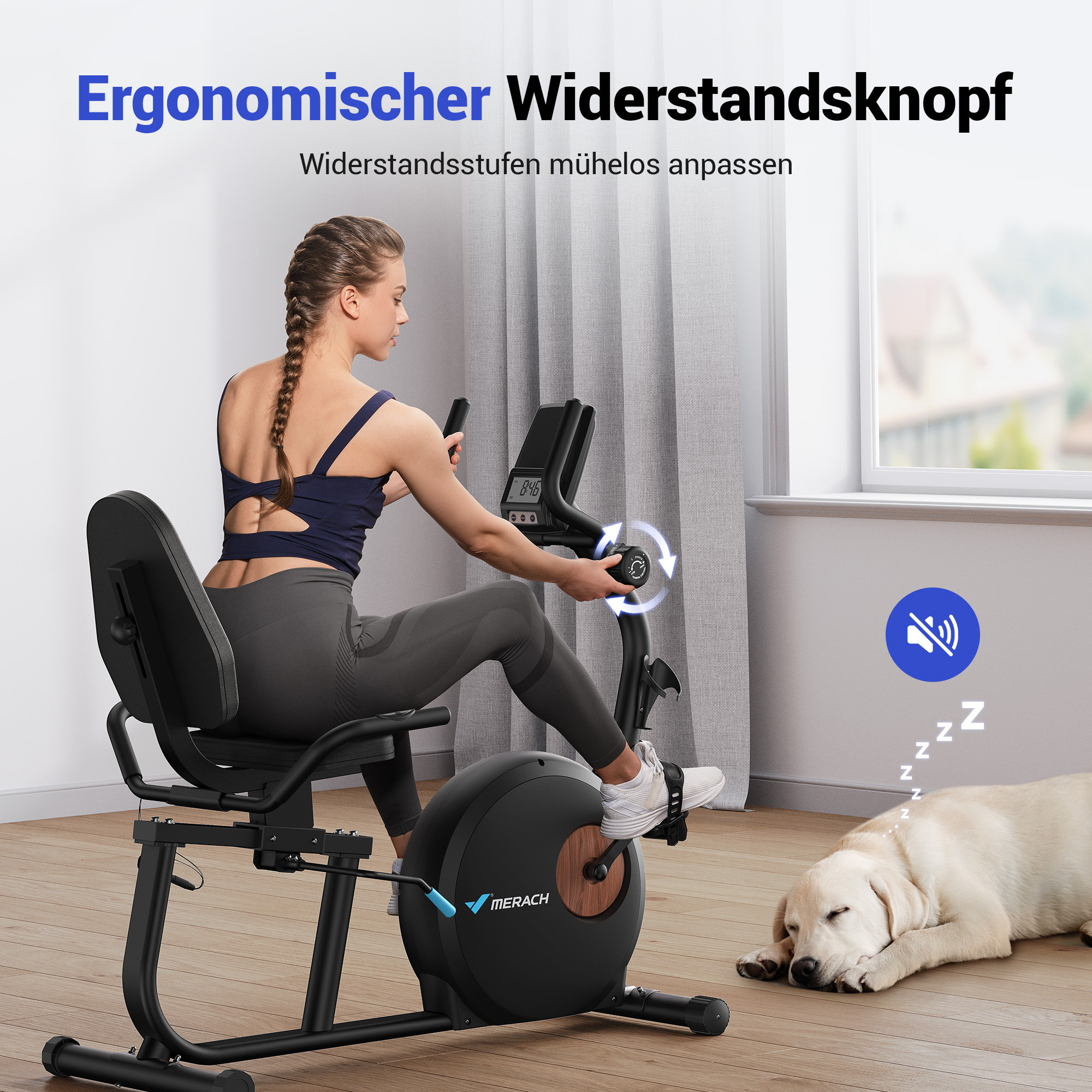 Eine Frau trainiert auf einem Heimtrainer, ein Hund schläft daneben.