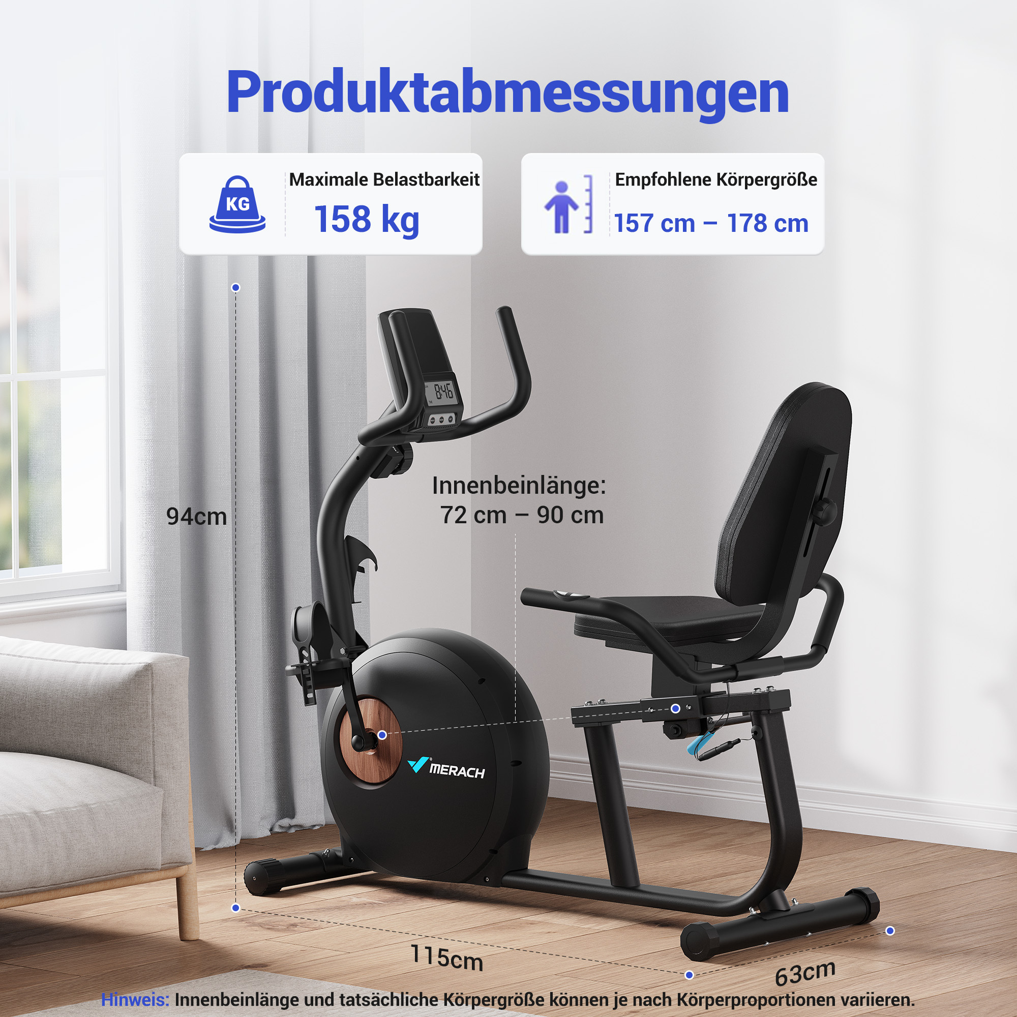 Ein schwarzes Heimtrainer mit Maßen: 115cm L, 63cm B, 94cm H. Max. Belastung 158kg.