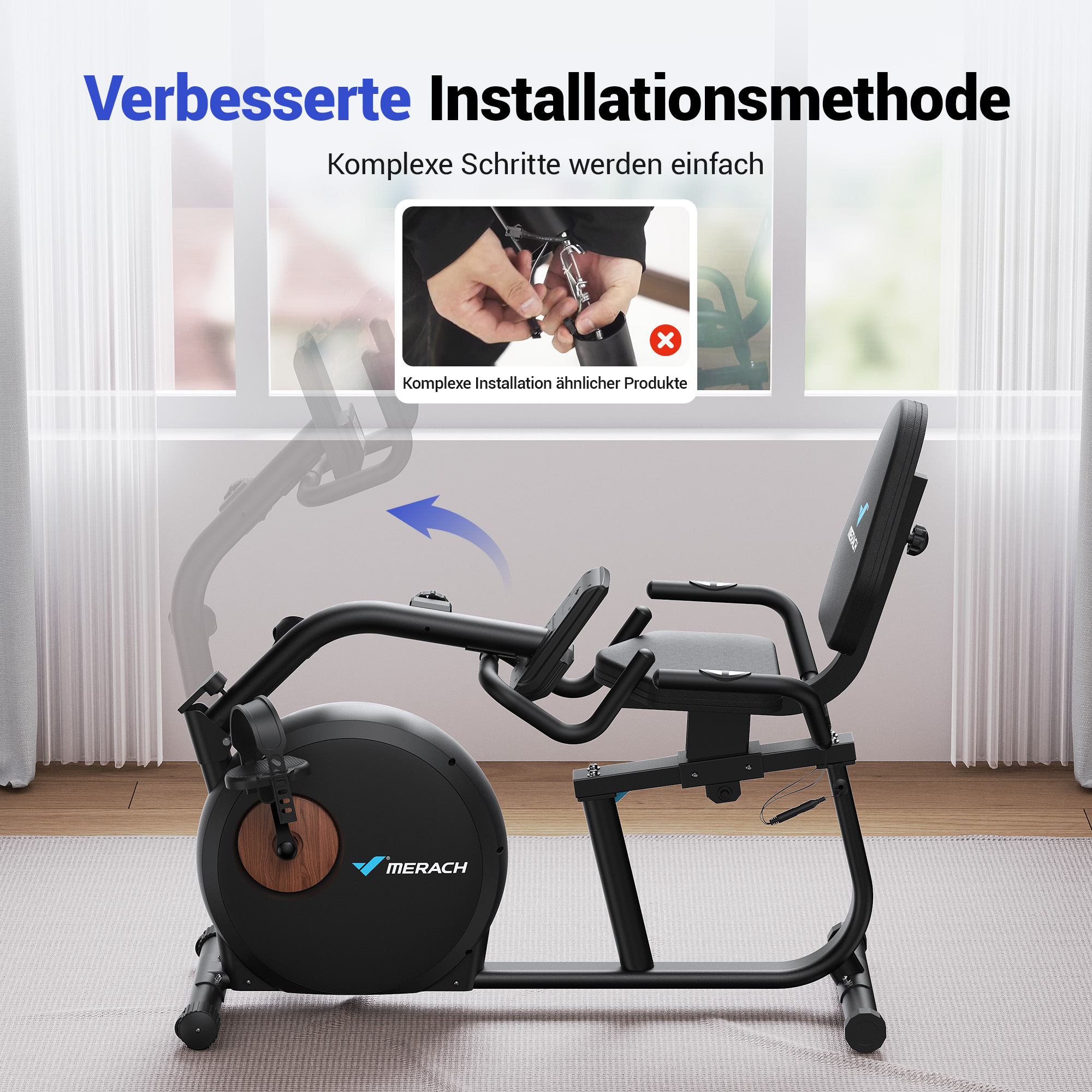 Ein schwarzes Liegeergometer mit Sitz und Lenker. Textüberlagerungen erwähnen verbesserte Installation.
