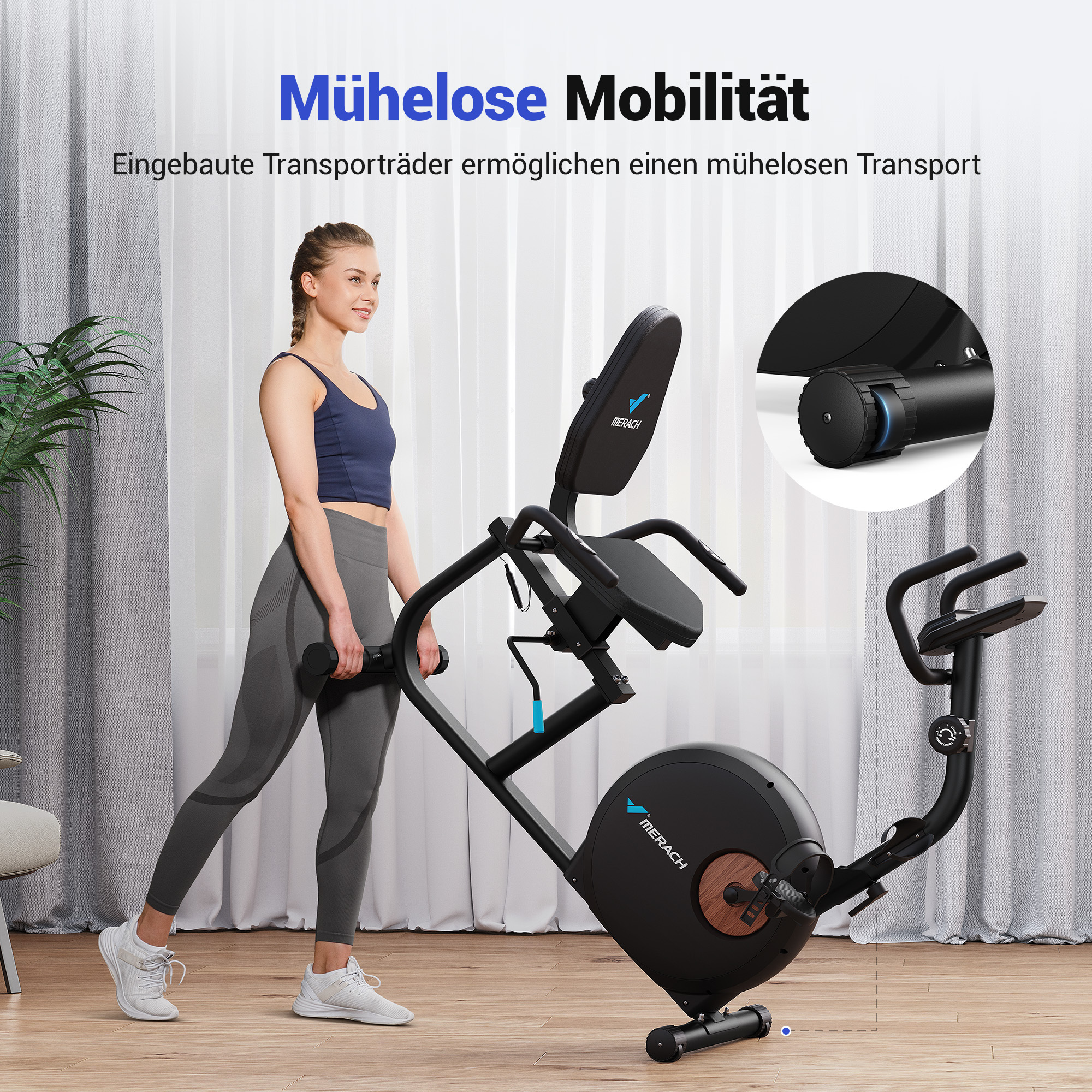 Eine Frau in Sportkleidung mit Gewichten steht neben einem Heimtrainer.