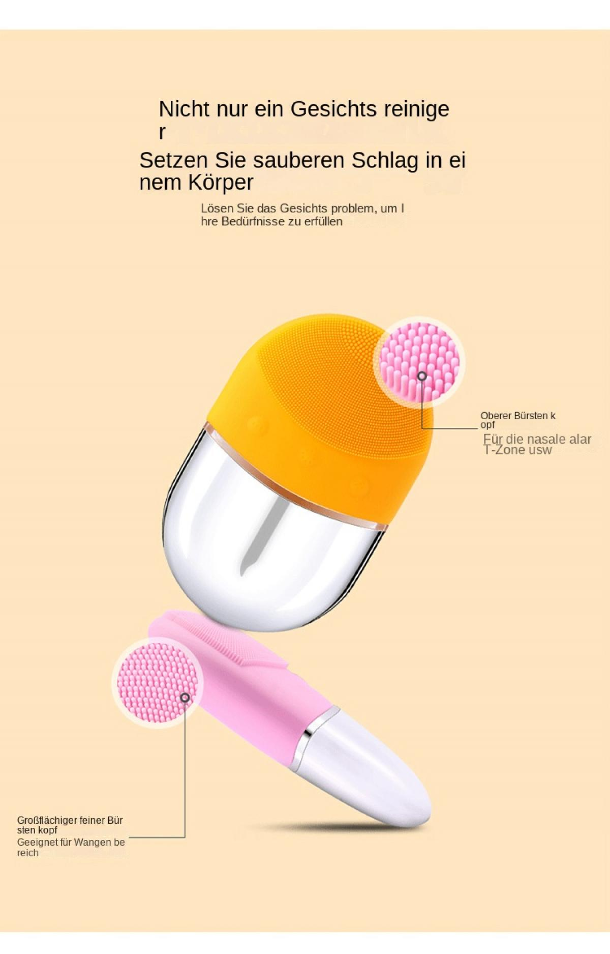 Zwei elektrische Gesichtsreiniger, einer orange und einer pink, mit Silikonborsten.