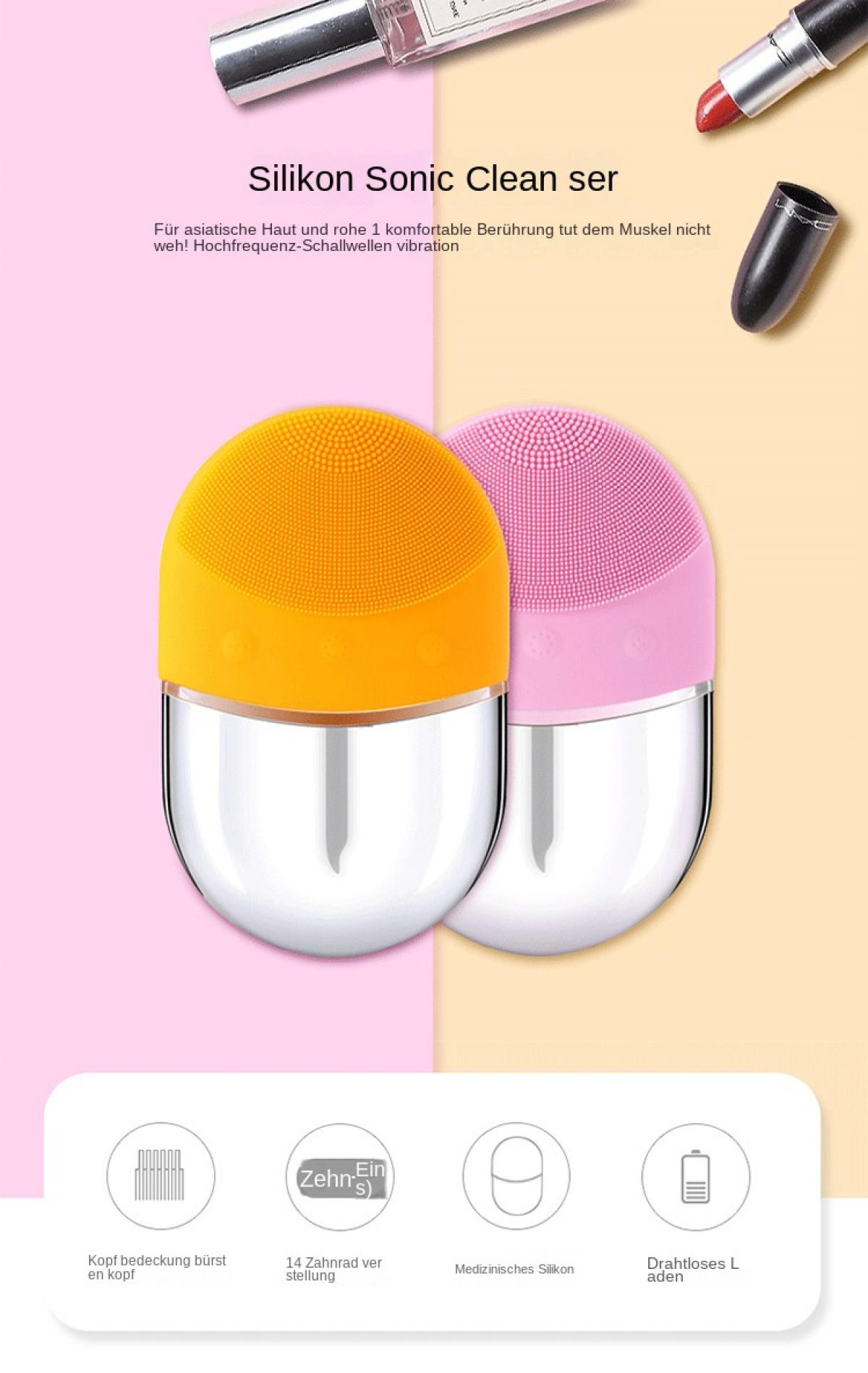 Zwei Gesichtsreinigungsbürsten, eine orange und eine pink, mit silbernem Griff.