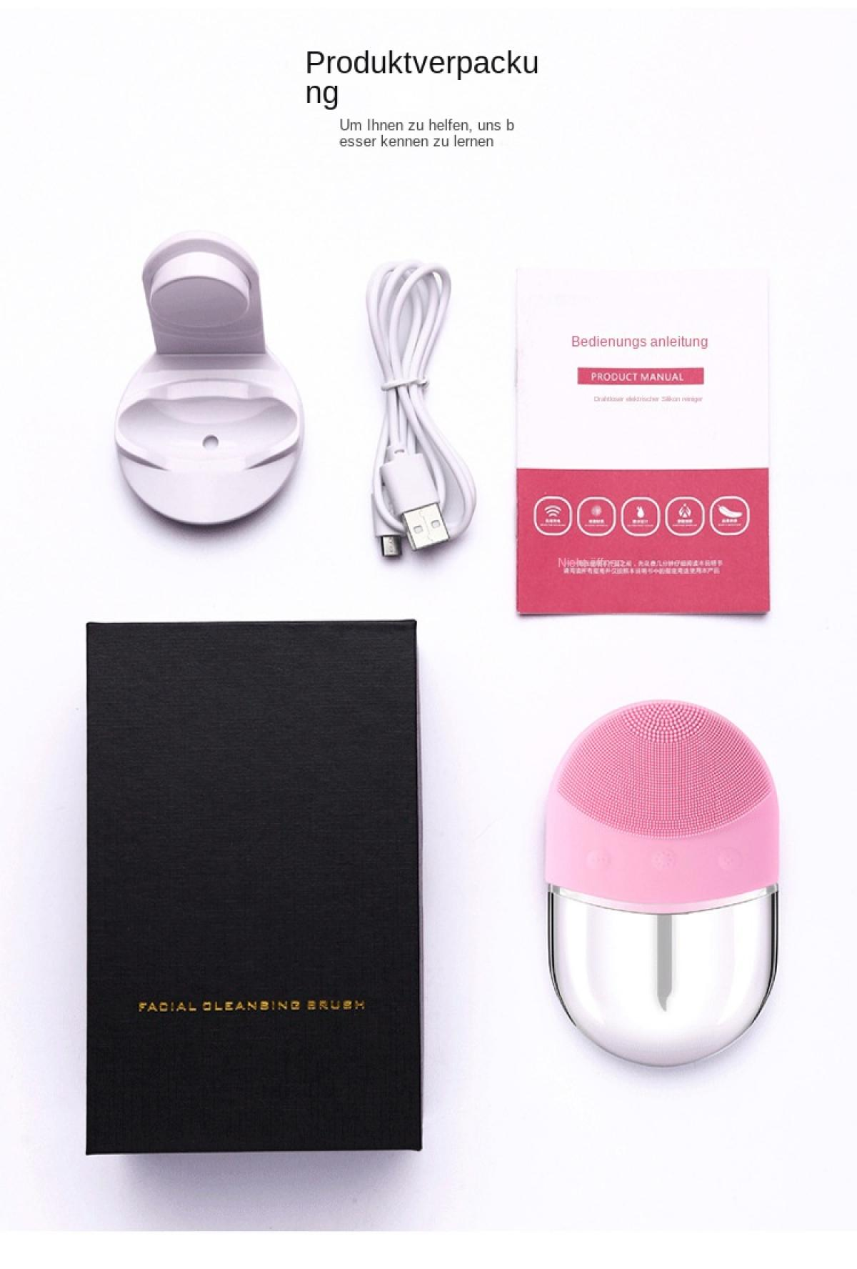 Ein pinkfarbener Gesichtsreinigungsbürsten-Set mit Ladekabel und Anleitung.