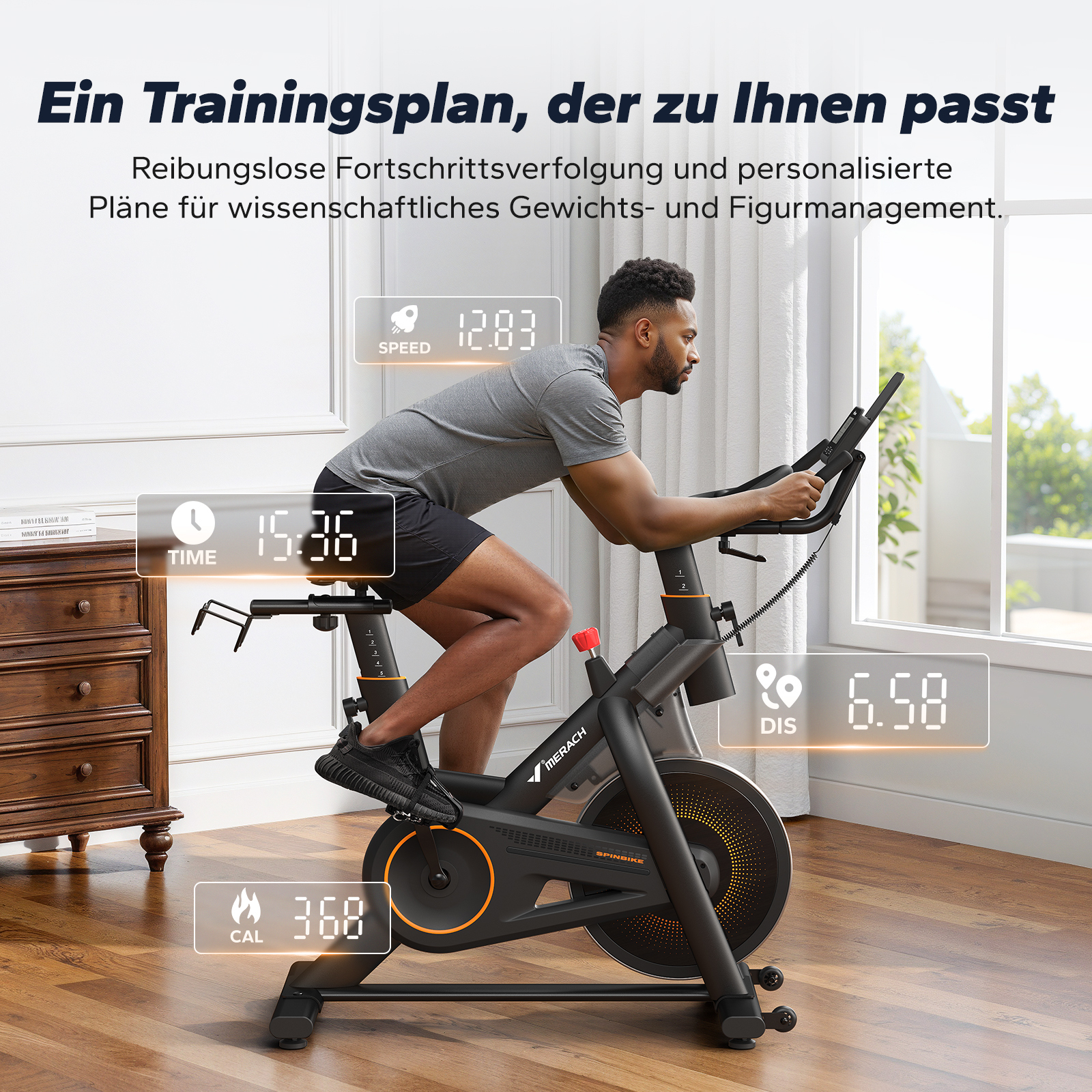 Ein Mann auf einem Heimtrainer, mit Anzeige von Zeit, Distanz, Kalorien und Geschwindigkeit.