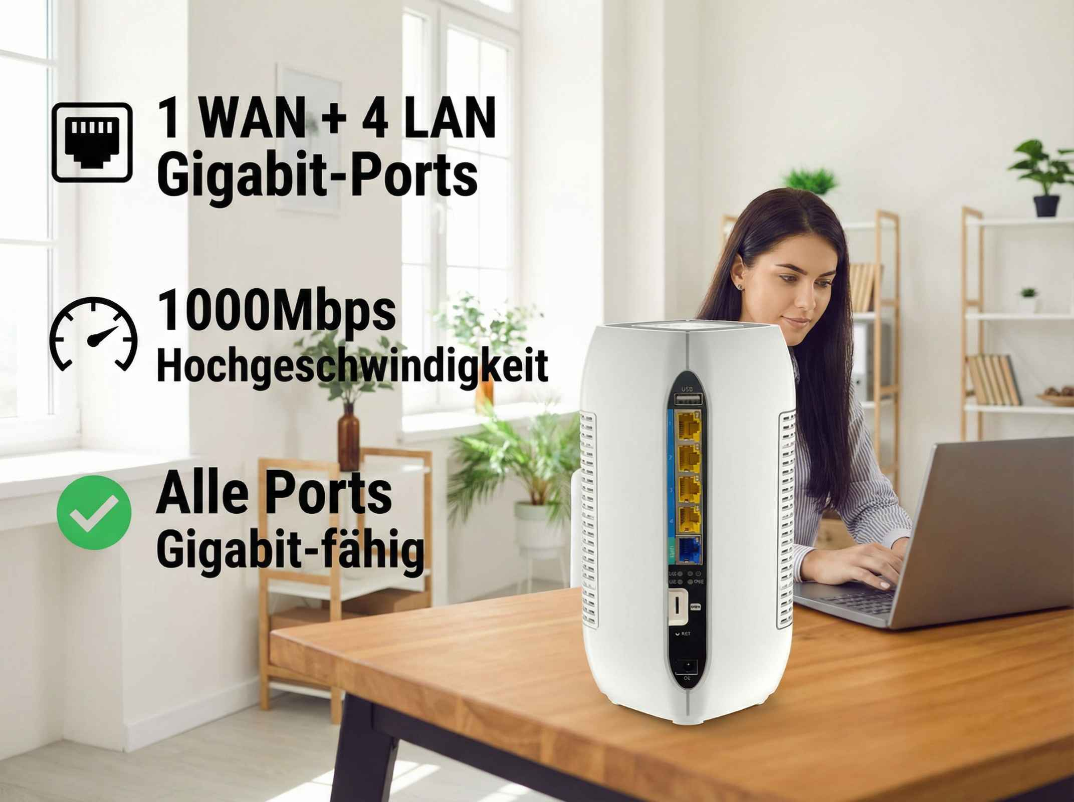 Ein Router mit 1 WAN und 4 LAN Gigabit-Ports, 1000Mbps, wird von einer Frau am Laptop genutzt.