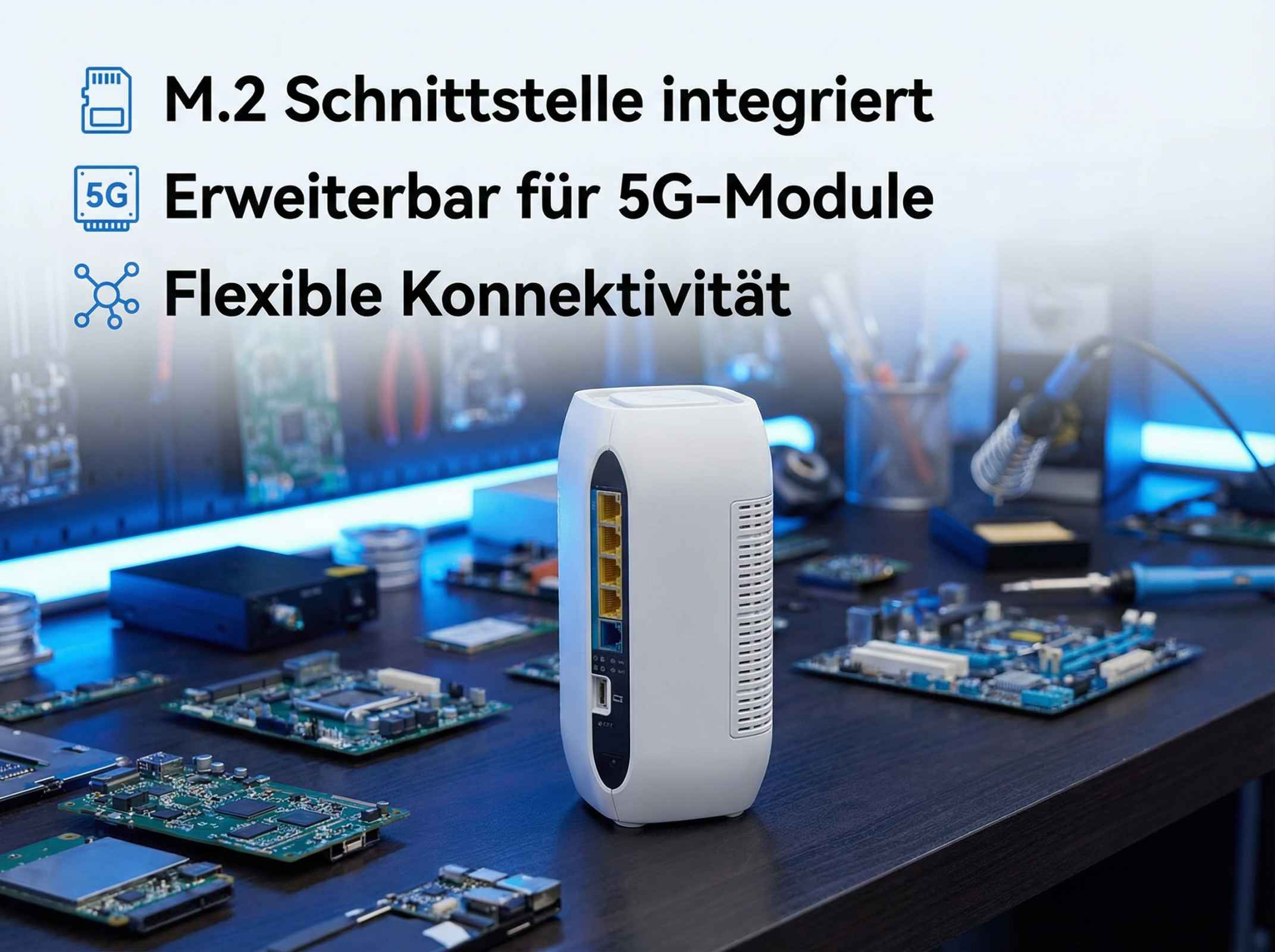 Ein weißer Router steht auf einem dunklen Tisch, umgeben von Computerplatinen und Werkzeugen.