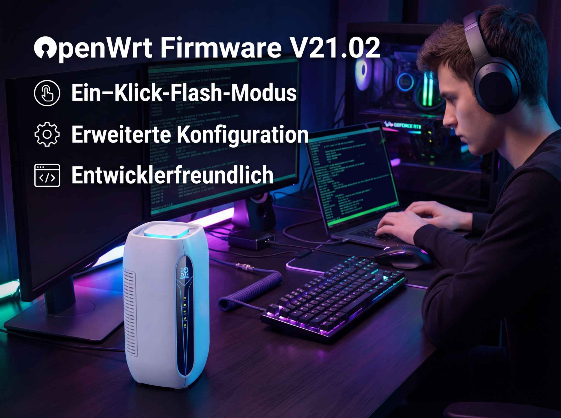 Mann mit Kopfhörern am Schreibtisch mit Computern und OpenWrt Firmware V21.02.