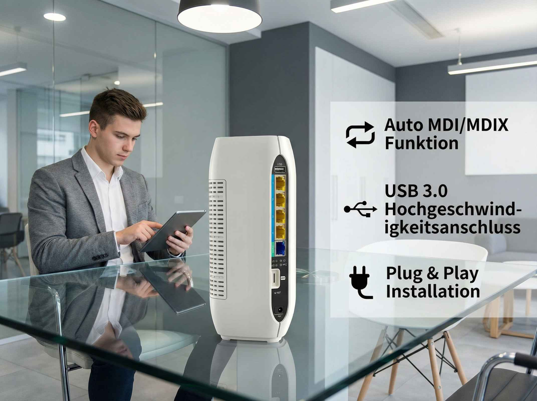 Mann mit Tablet sitzt am Tisch neben einem Router mit Anschlüssen.