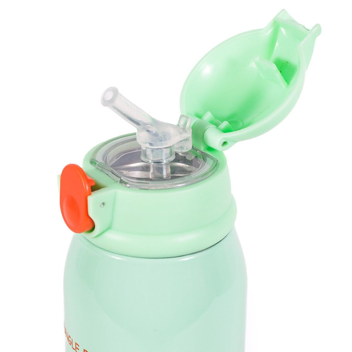 Una botella de agua verde claro con tapa abierta, pajita transparente y botón naranja.