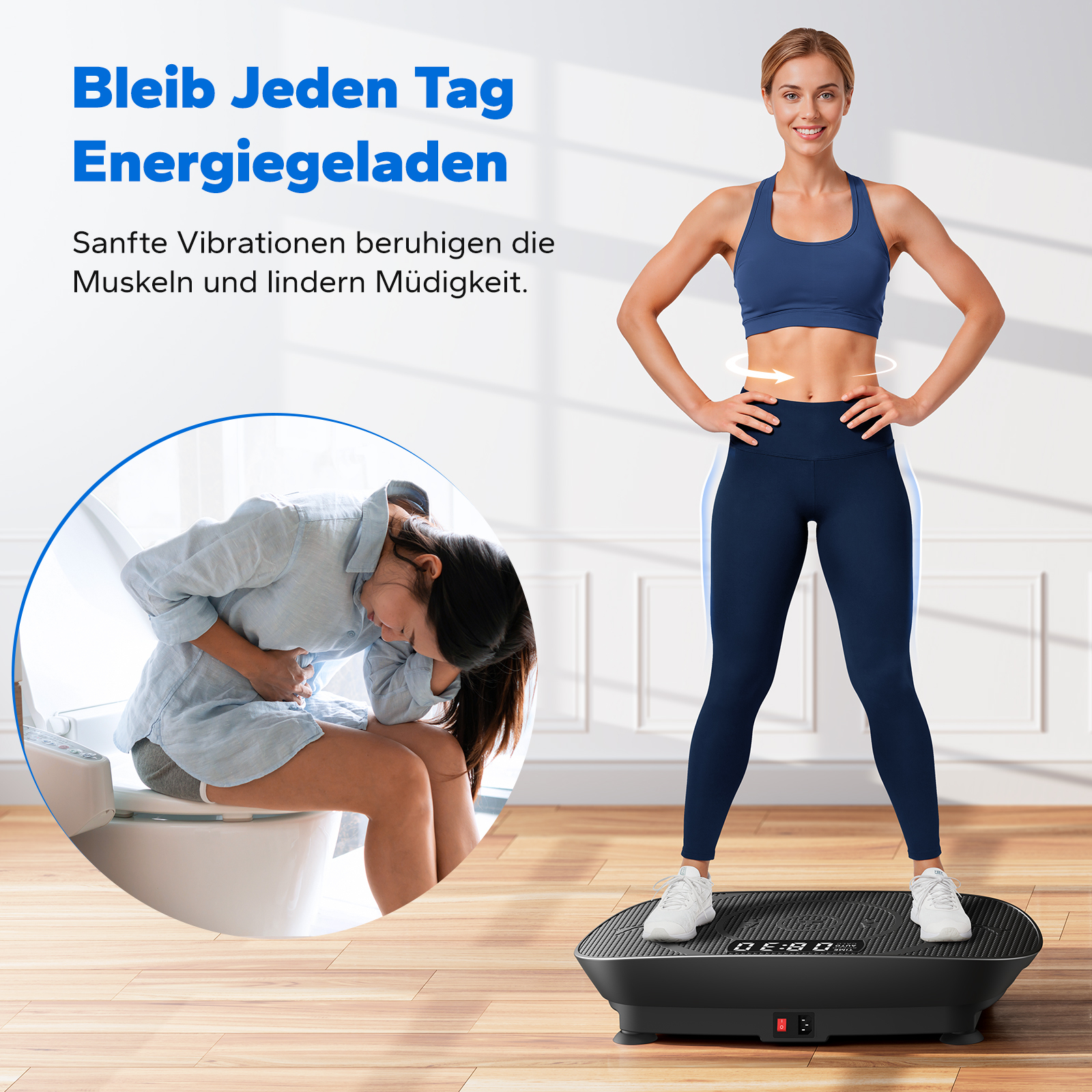 Frau auf Vibrationsplatte, daneben Frau mit Bauchschmerzen auf Toilette.