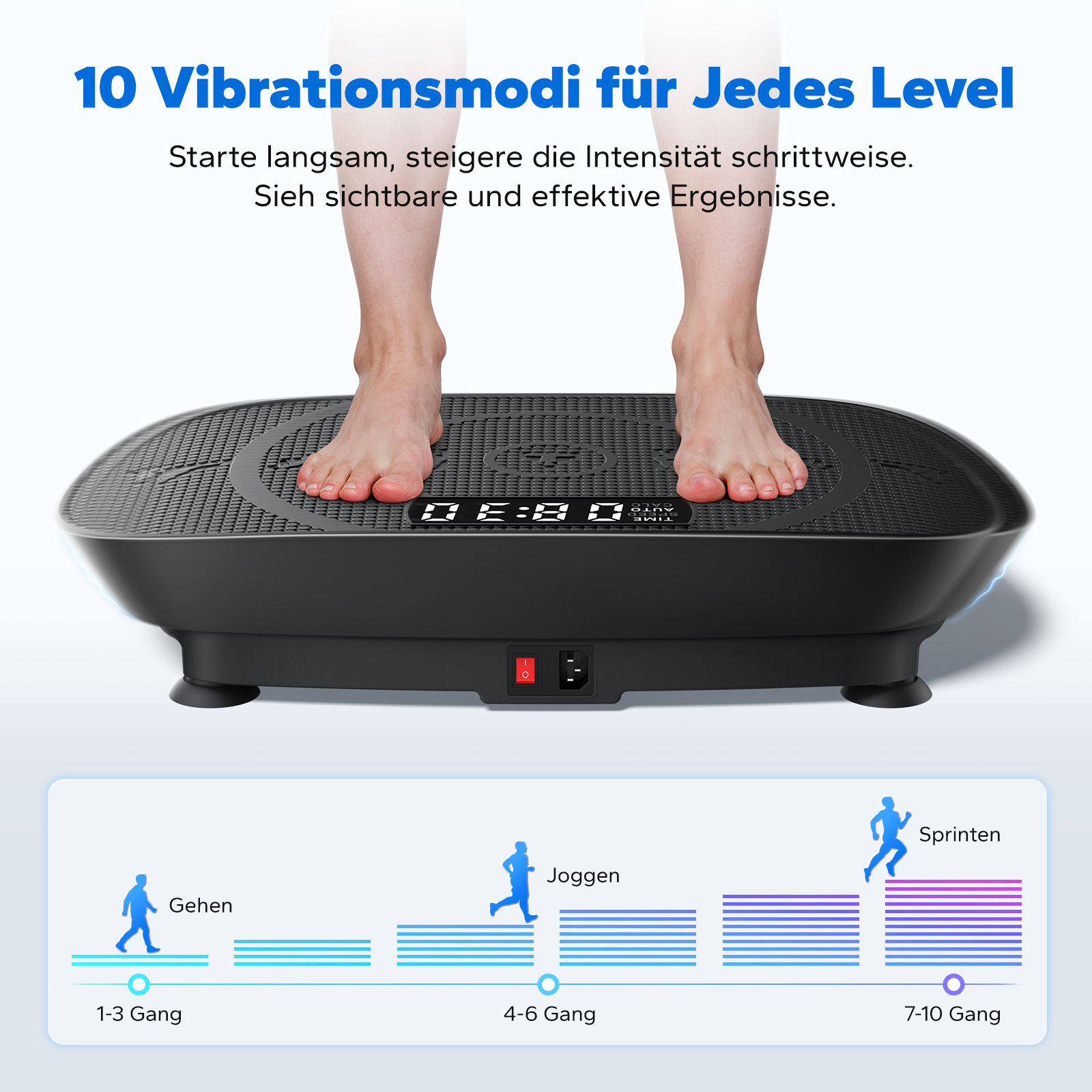 Füße auf schwarzer Vibrationsplatte. Unten: Gehen, Joggen, Sprinten.