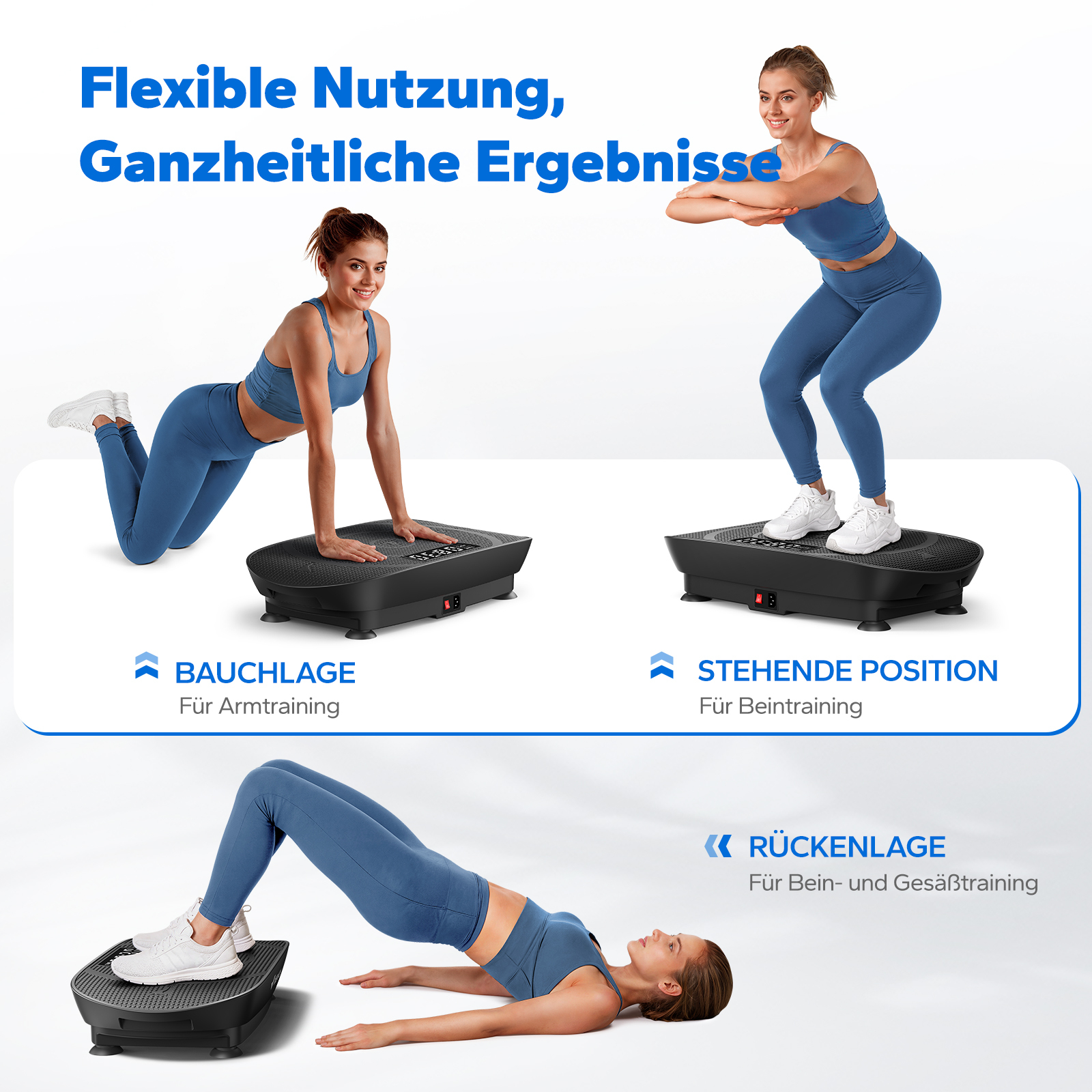 Drei Frauen trainieren auf Vibrationsplatten: Bauchlage, Stehposition und Rückenlage.