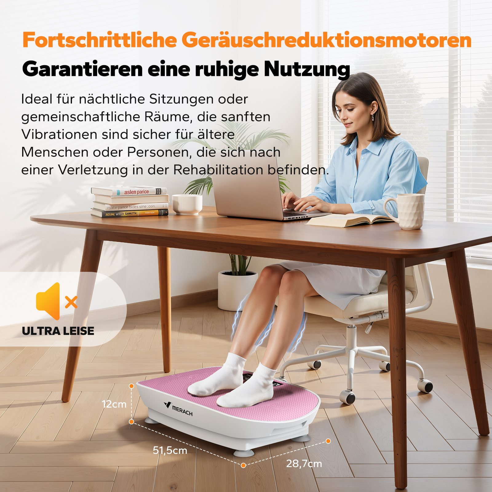 Frau nutzt einen pinken Vibrations-Stepper am Schreibtisch, der ultra leise ist.