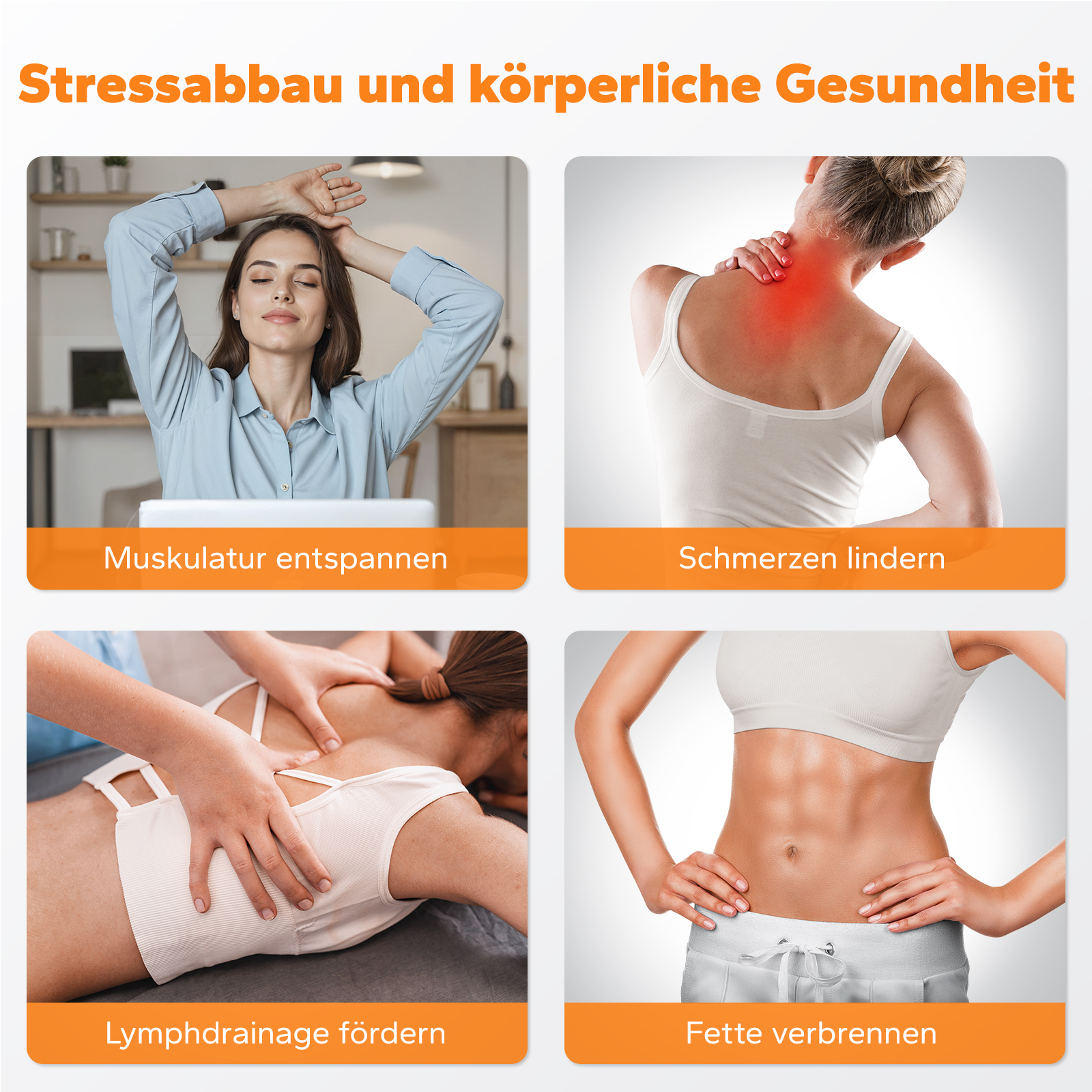 Vier Bilder: Frau entspannt Nacken, Schmerzpunkt Nacken, Lymphdrainage, Bauchmuskeln.