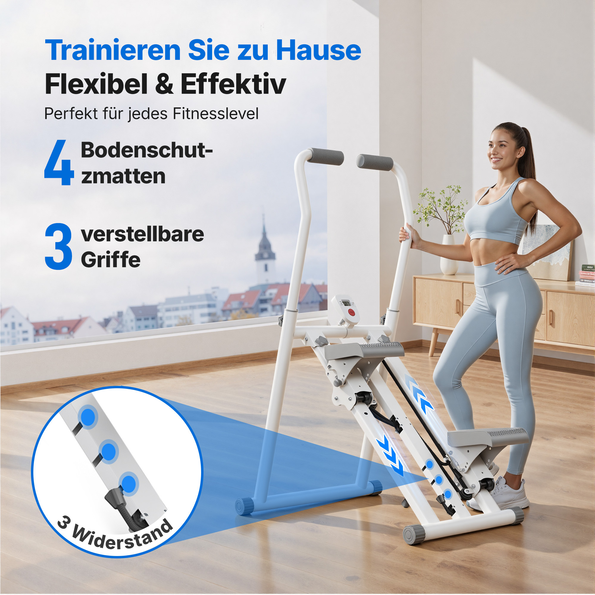 Frau trainiert mit Heimtrainer vor Fenster mit Blick auf Stadt. 4 Bodenschutzmatten, 3 Griffe.