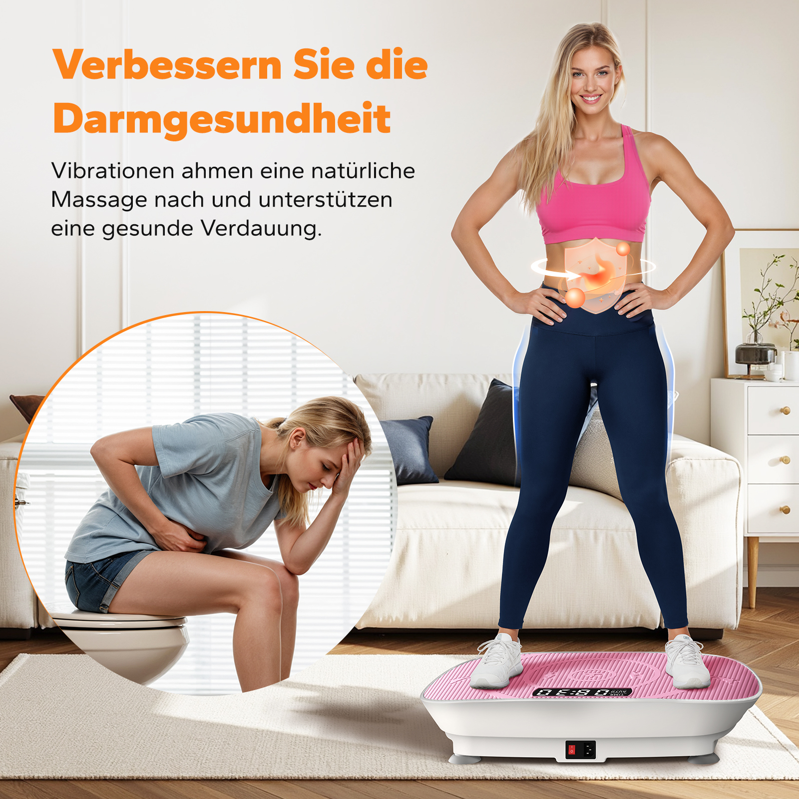 Frau auf Vibrationsplatte, daneben eine Frau mit Bauchschmerzen auf Toilette.