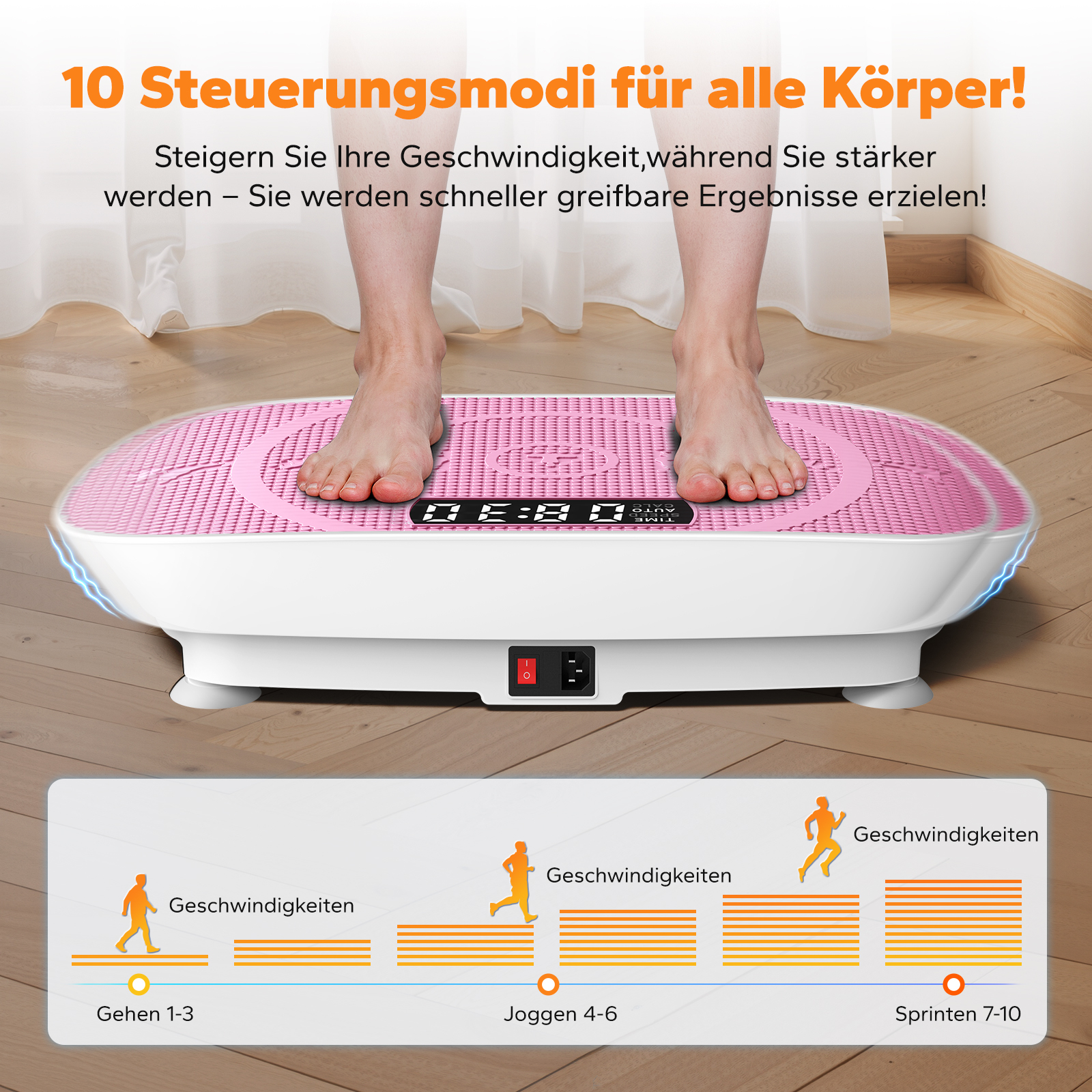 Füße auf einer rosa Vibrationsplatte mit digitaler Anzeige. Unten schematische Darstellungen von Laufgeschwindigkeiten.