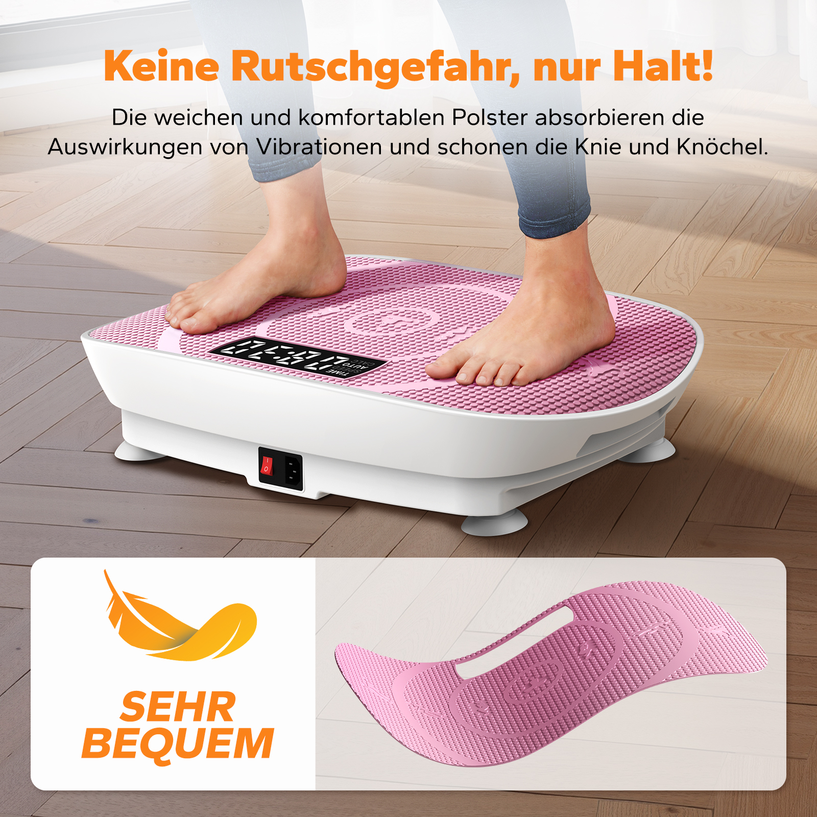 Füße auf einer rosa Vibrationsplatte mit Display und Schalter.