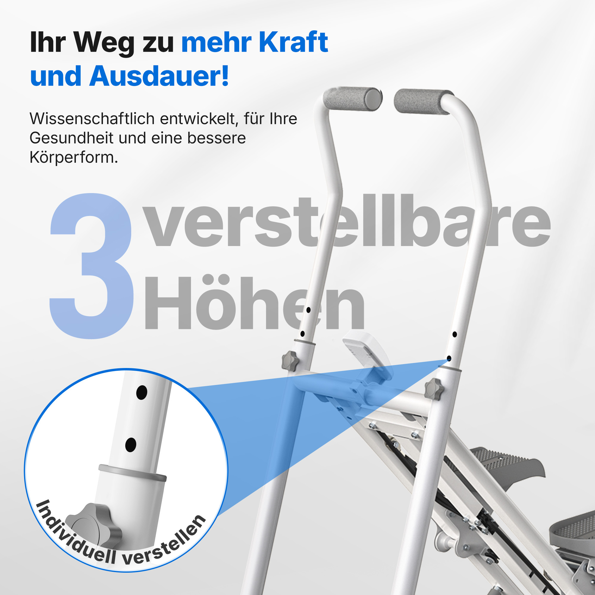 Ein Stepper mit verstellbarer Höhe und Griffen. "3 verstellbare Höhen".
