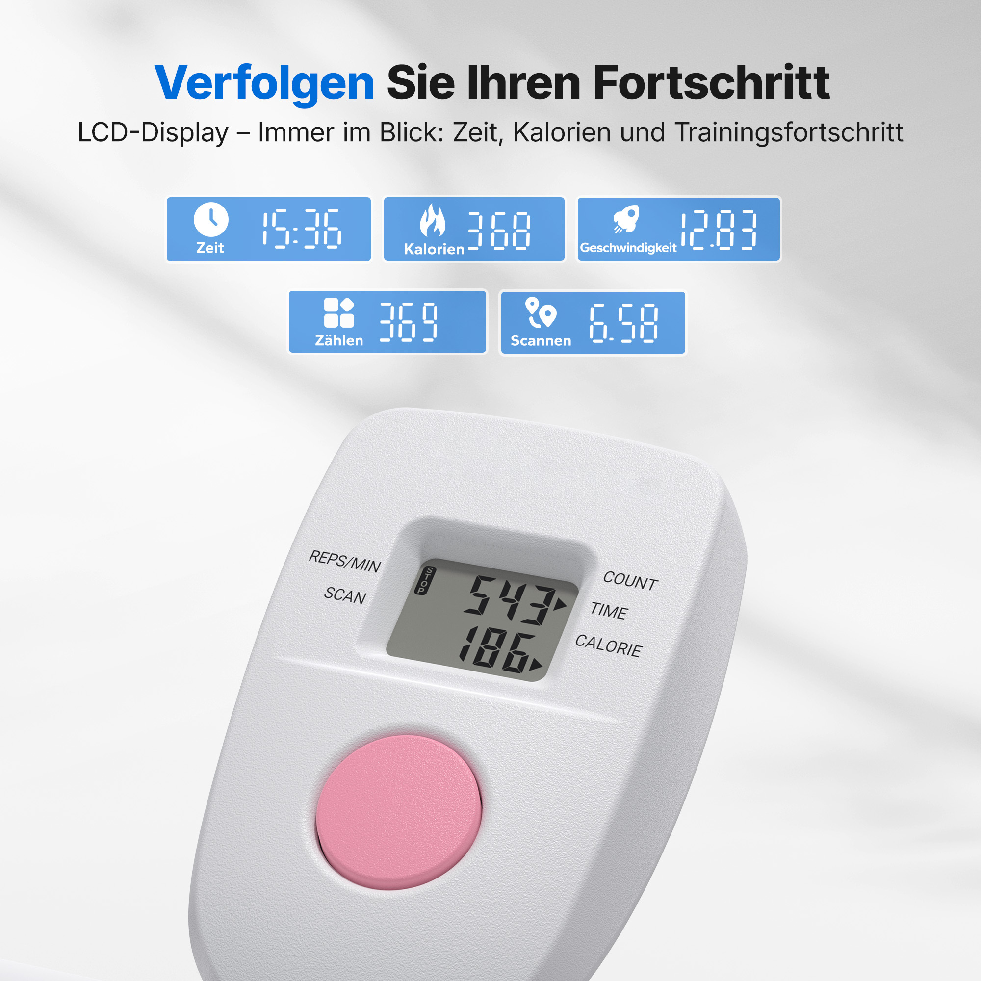 Ein weißes Trainingsgerät mit LCD-Anzeige zeigt Zeit, Kalorien, Zähler und Geschwindigkeit an.