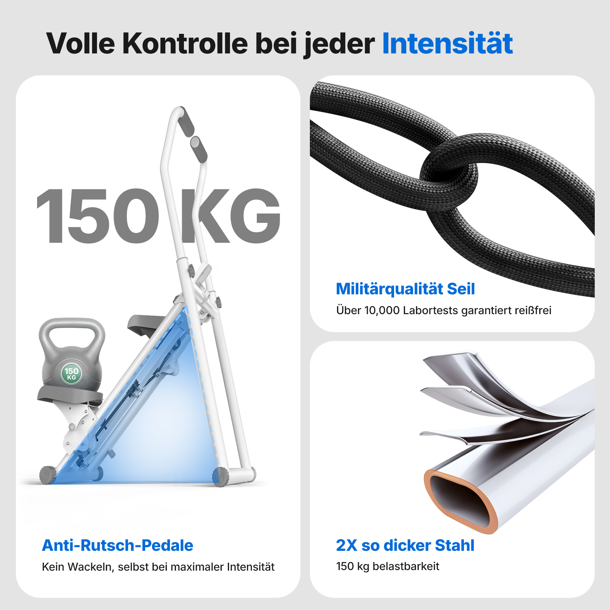 Fitnessgerät mit 150 KG Kapazität, robustem Seil und dickem Stahl.