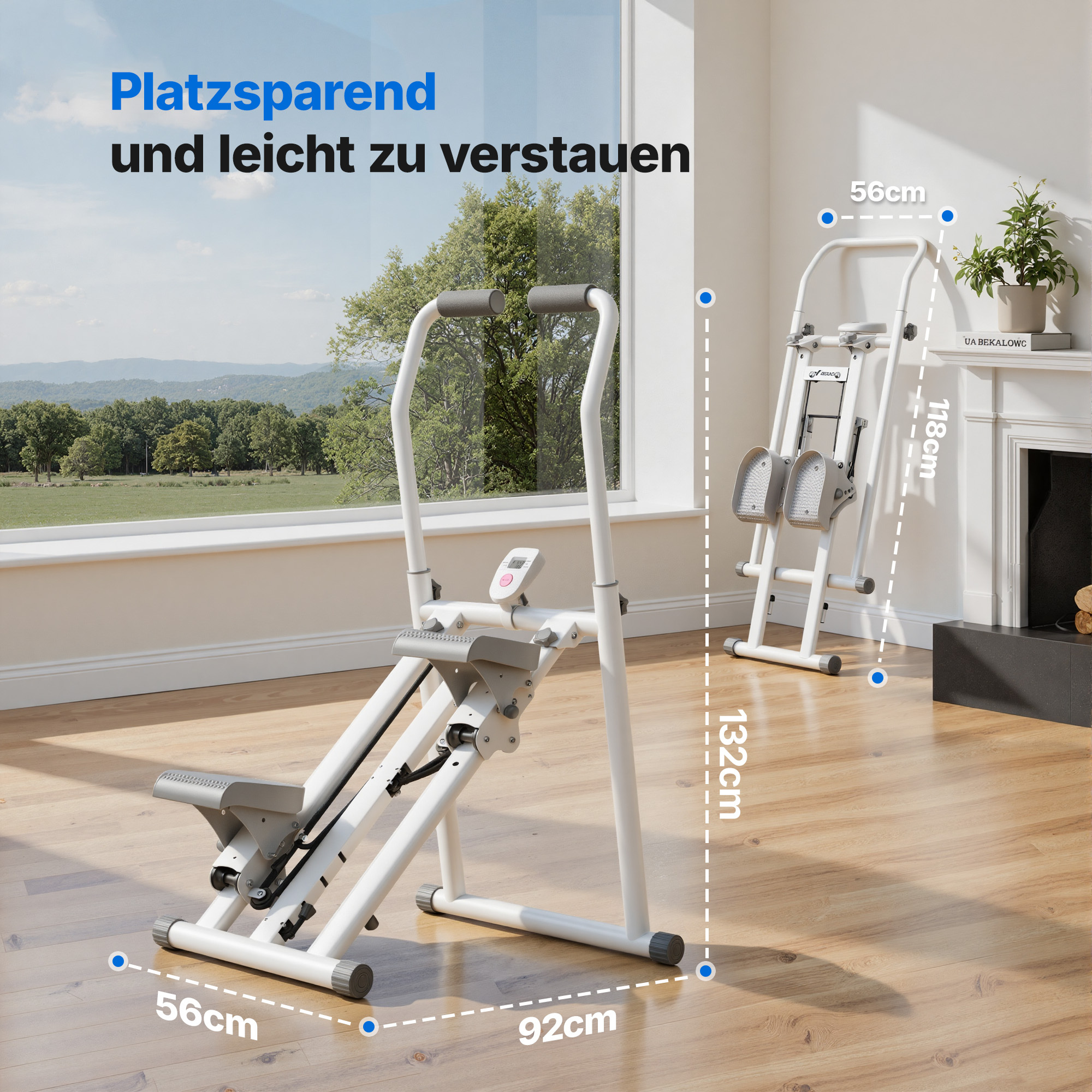 Ein weißer Stepper steht in einem hellen Raum mit Holzboden und Blick auf Bäume.