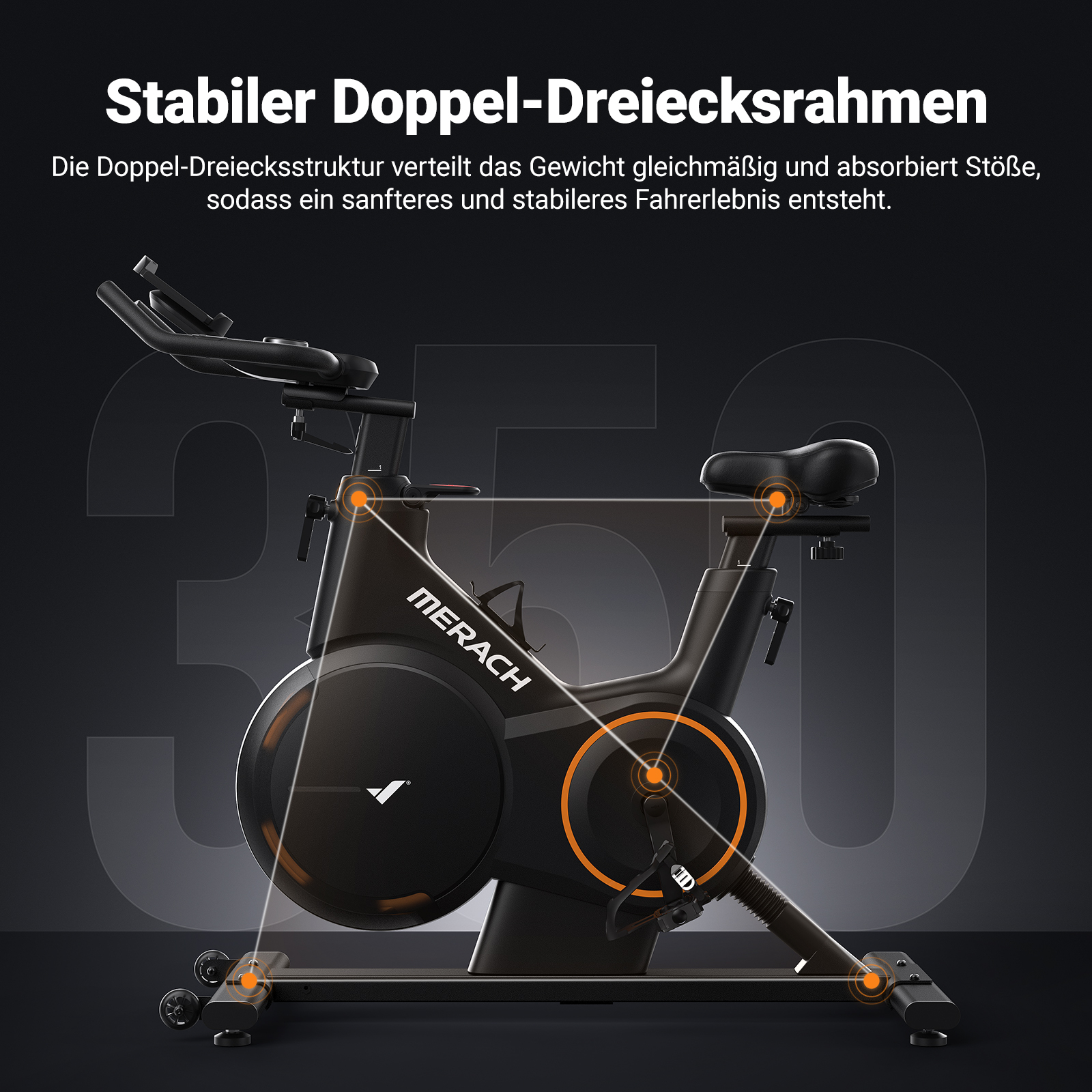 Schwarzes Trainingsfahrrad mit stabiler Doppel-Dreiecksrahmen-Konstruktion.