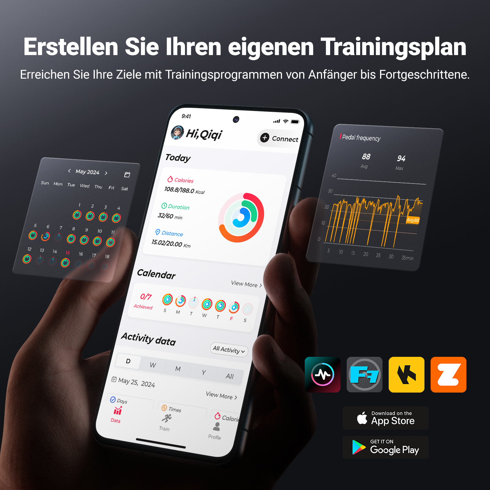 Smartphone mit Trainings-App, Kalender und Pedal-Frequenz-Diagramm.
