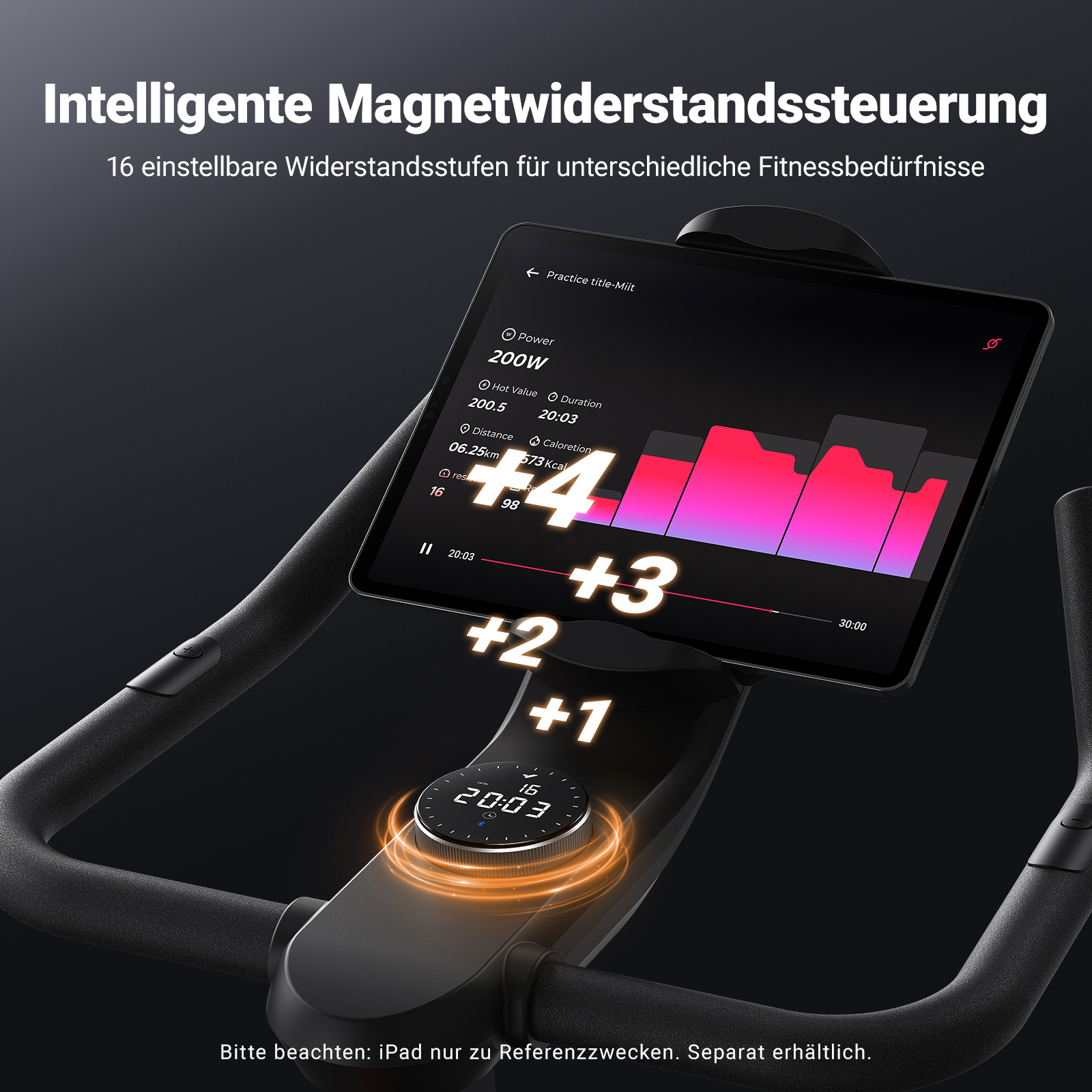 Ein Fahrrad-Display zeigt Trainingsdaten wie Leistung, Distanz und Kalorien an.