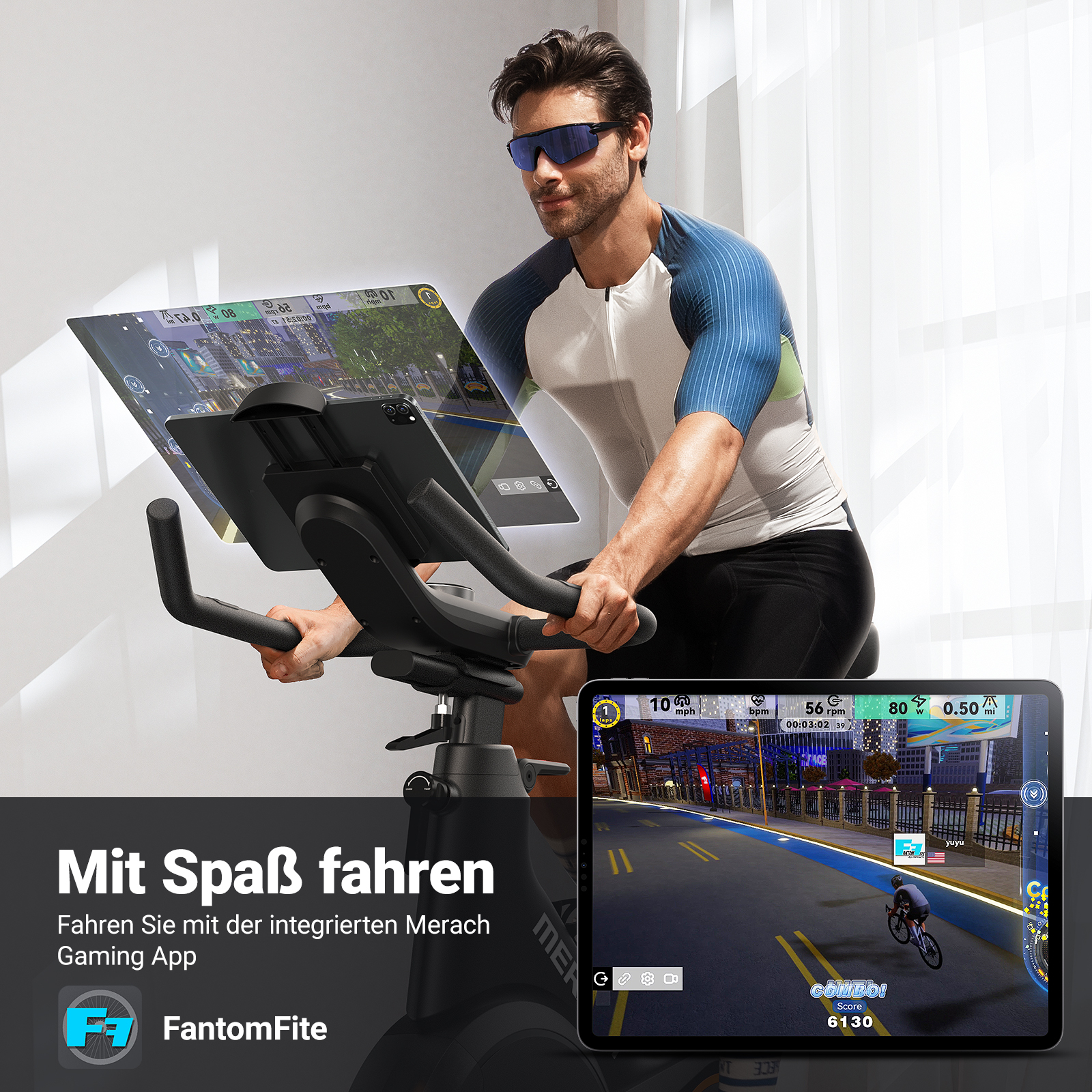 Mann fährt auf einem Ergometer und schaut auf ein Tablet mit Rennspiel.