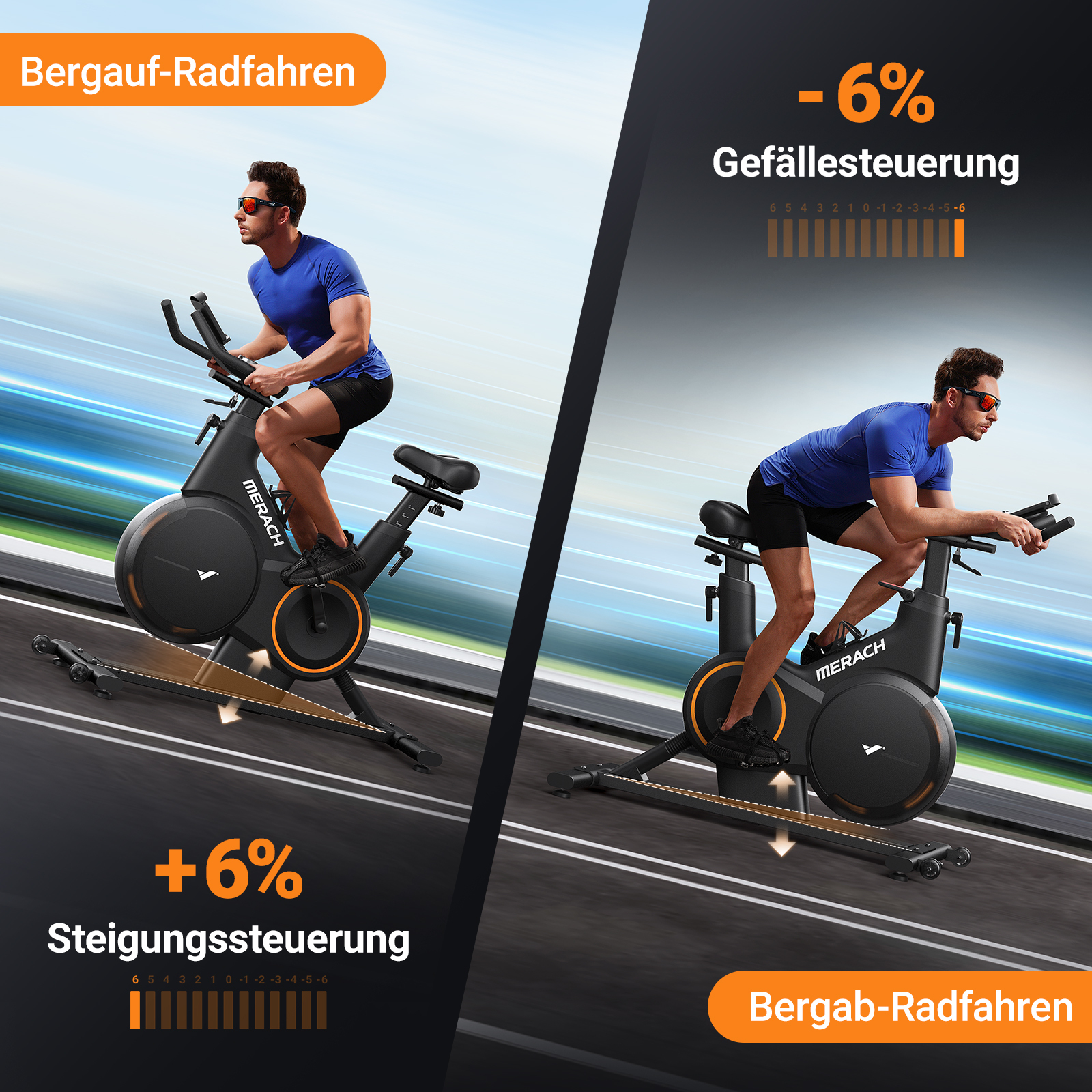 Mann auf einem Heimtrainer, der Steigung und Gefälle simuliert.