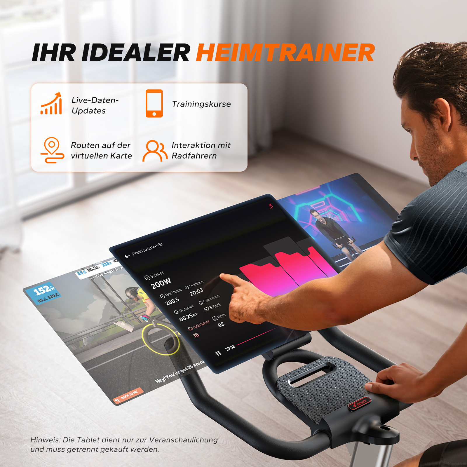 Mann auf einem Heimtrainer, der auf ein Tablet schaut, das Radfahrdaten anzeigt.