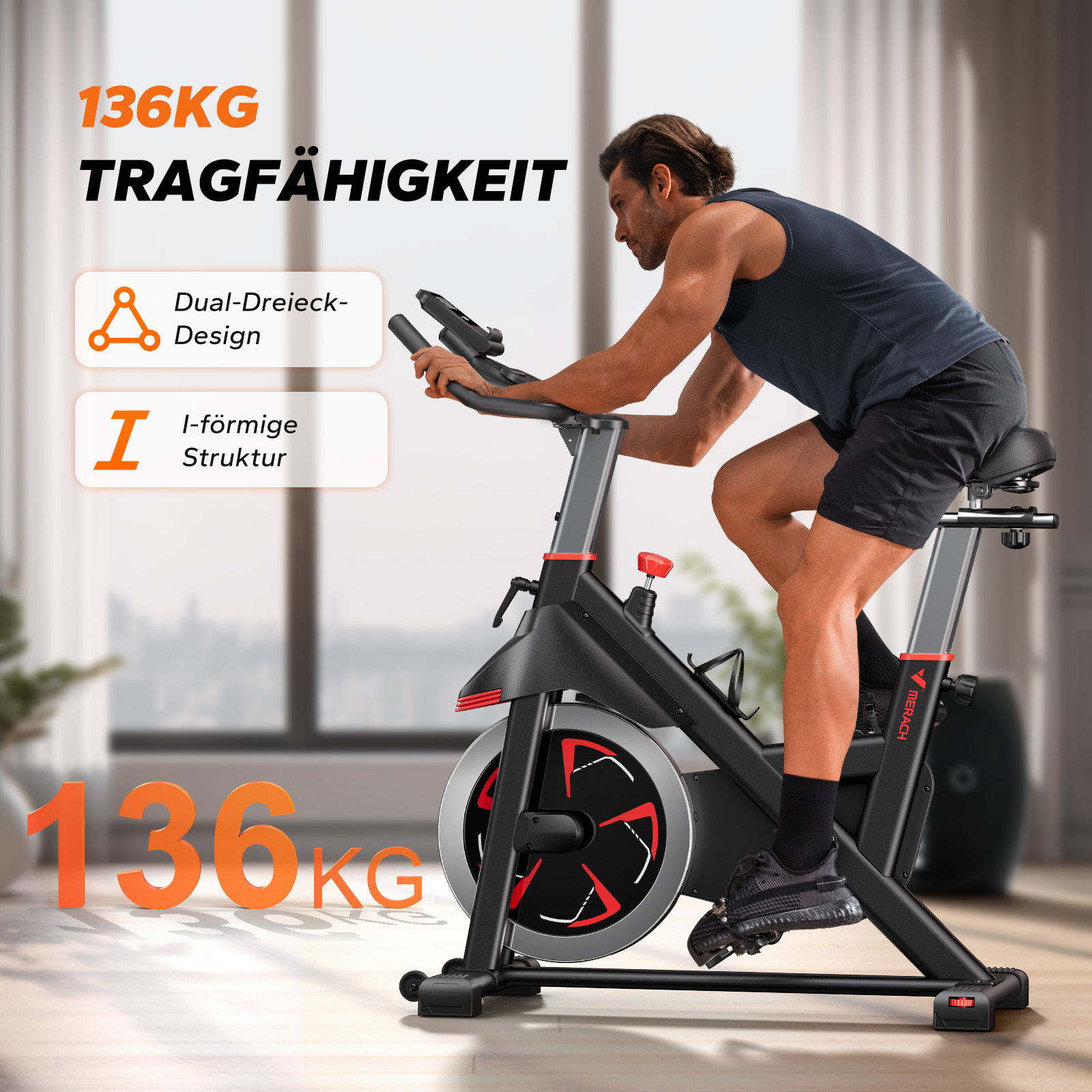 Mann trainiert auf einem schwarzen Heimtrainer mit roter Akzentuierung. 136 kg Tragfähigkeit.