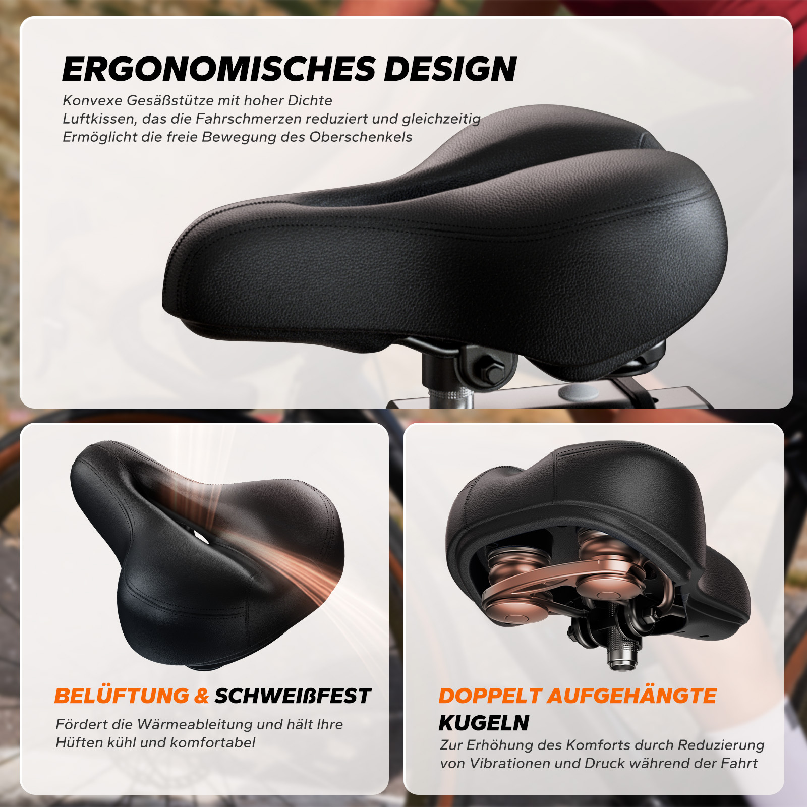 Ergonomisches Fahrradsatteldesign mit Belüftung und Stoßdämpfung.