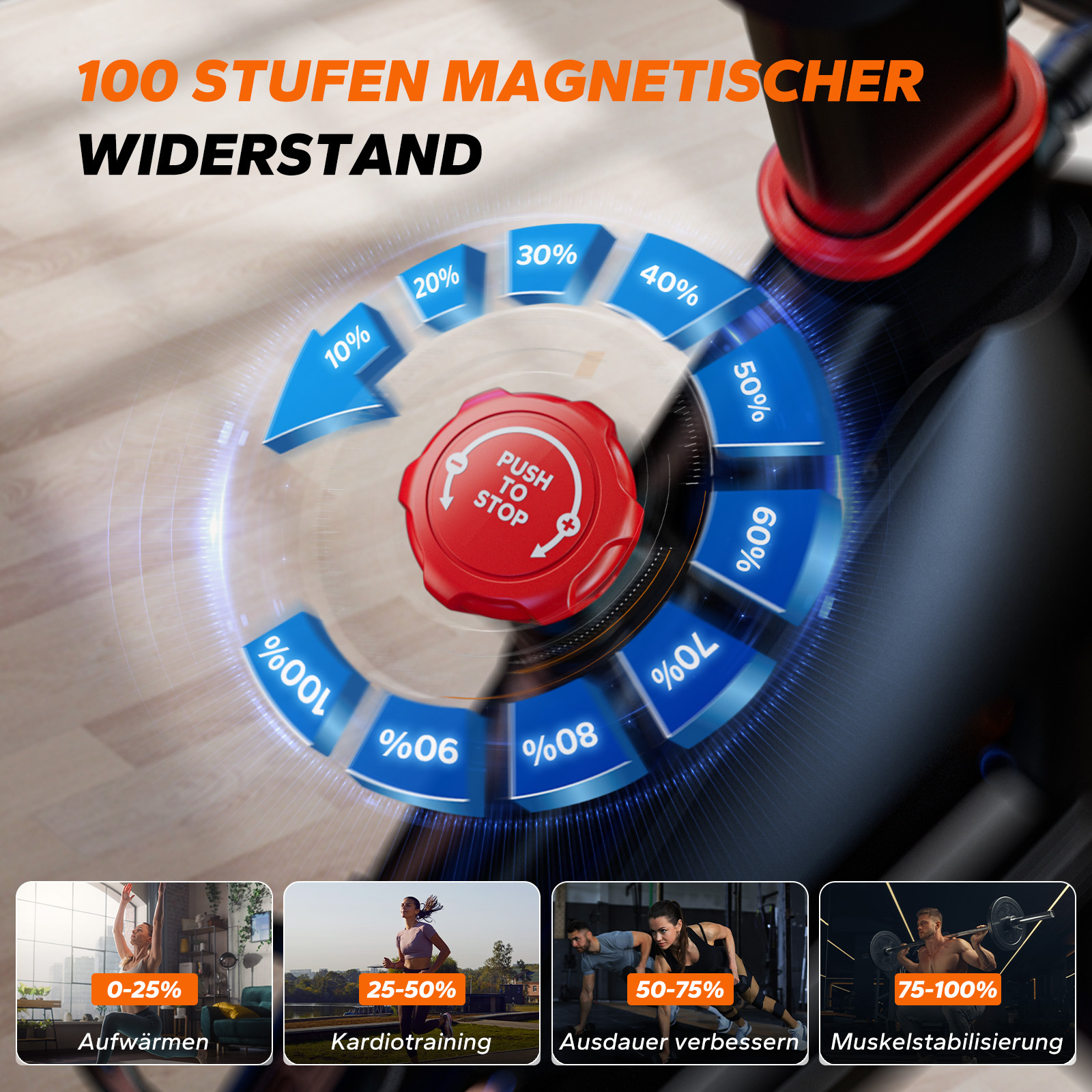 Fahrradtrainer mit 100 Widerstandsstufen, rotem Stoppknopf, und vier Trainingsphasen.