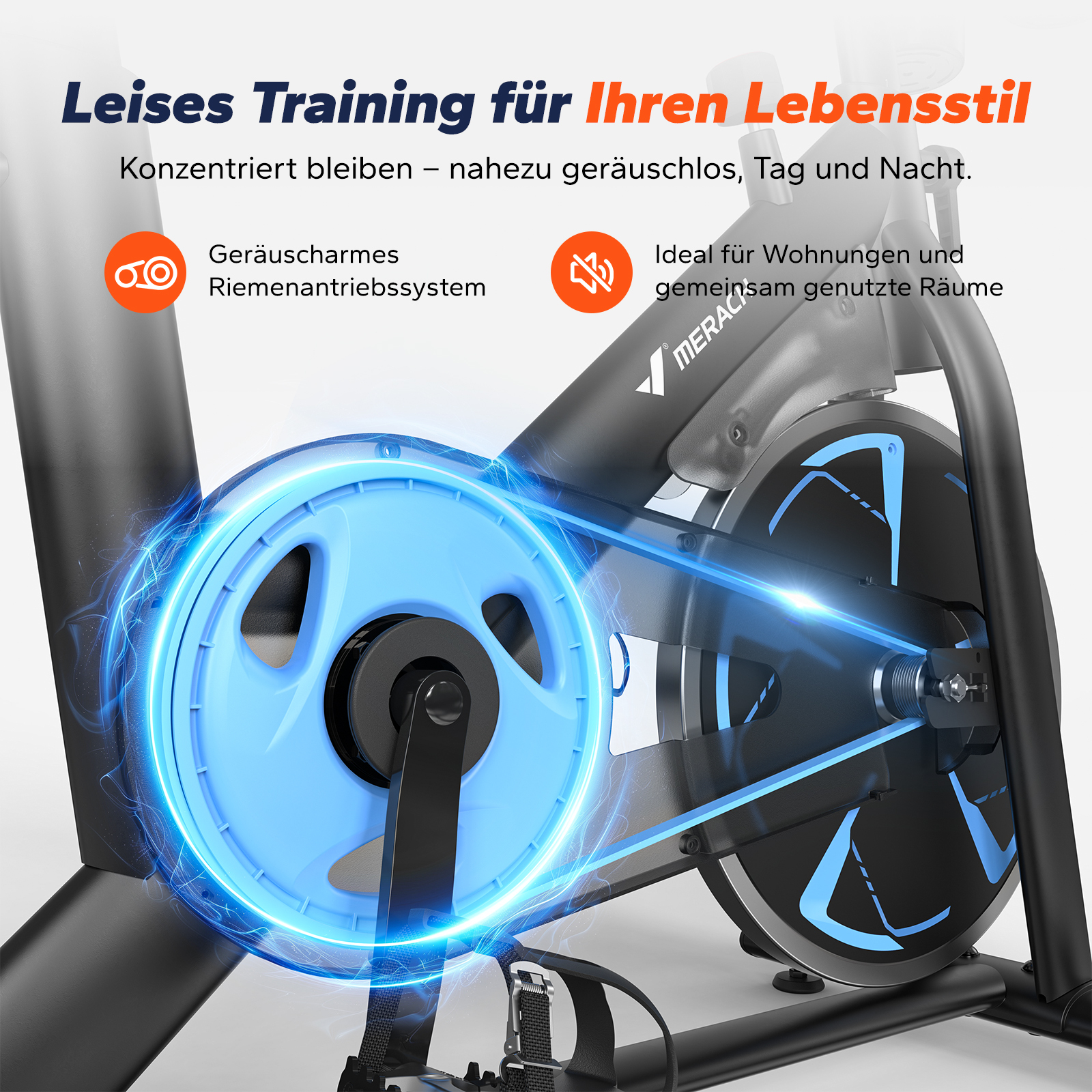 Ein schwarzes Fahrrad mit blauem Schwungrad und leuchtenden Effekten.