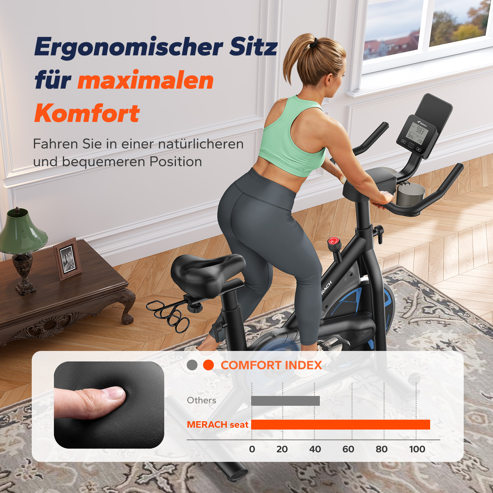 Frau auf einem Heimtrainer mit Komfortindex-Diagramm. Ergonomischer Sitz für maximalen Komfort.