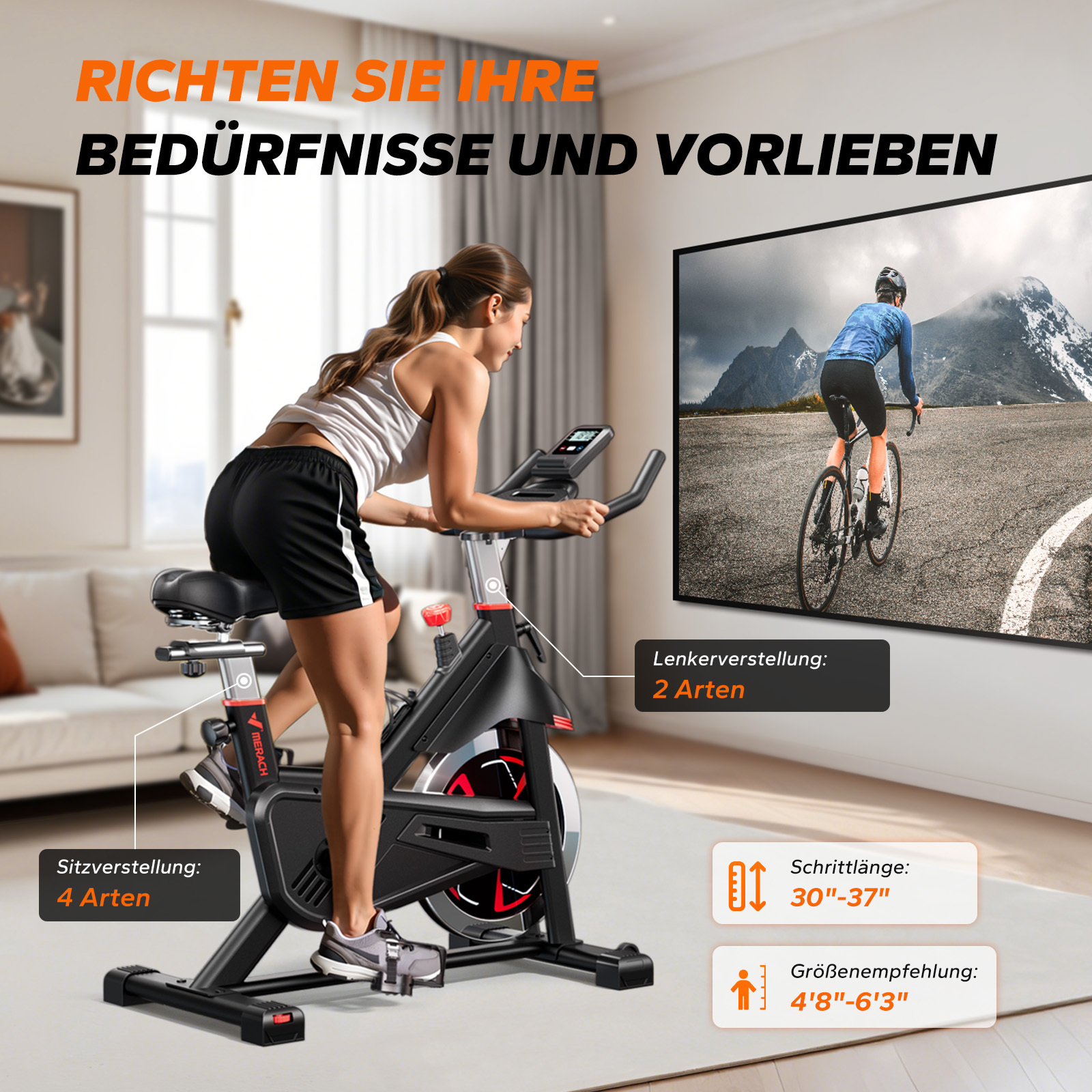 Frau auf Heimtrainer vor einem Bildschirm, der einen Radfahrer zeigt.