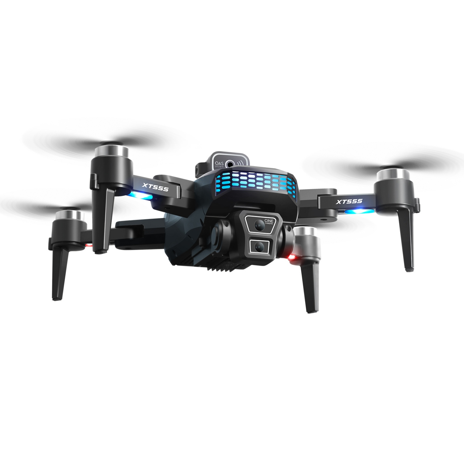 Ein schwarzer Quadrocopter mit blauen Lichtern und Kameras schwebt vor weißem Hintergrund.