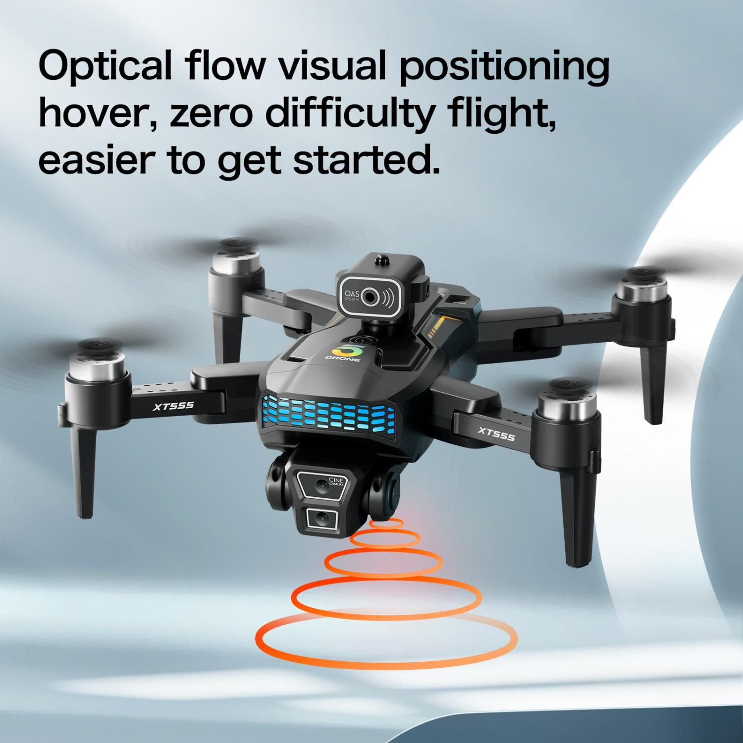 Ein schwarzer Drone mit Kameras und blauen Lichtern schwebt.