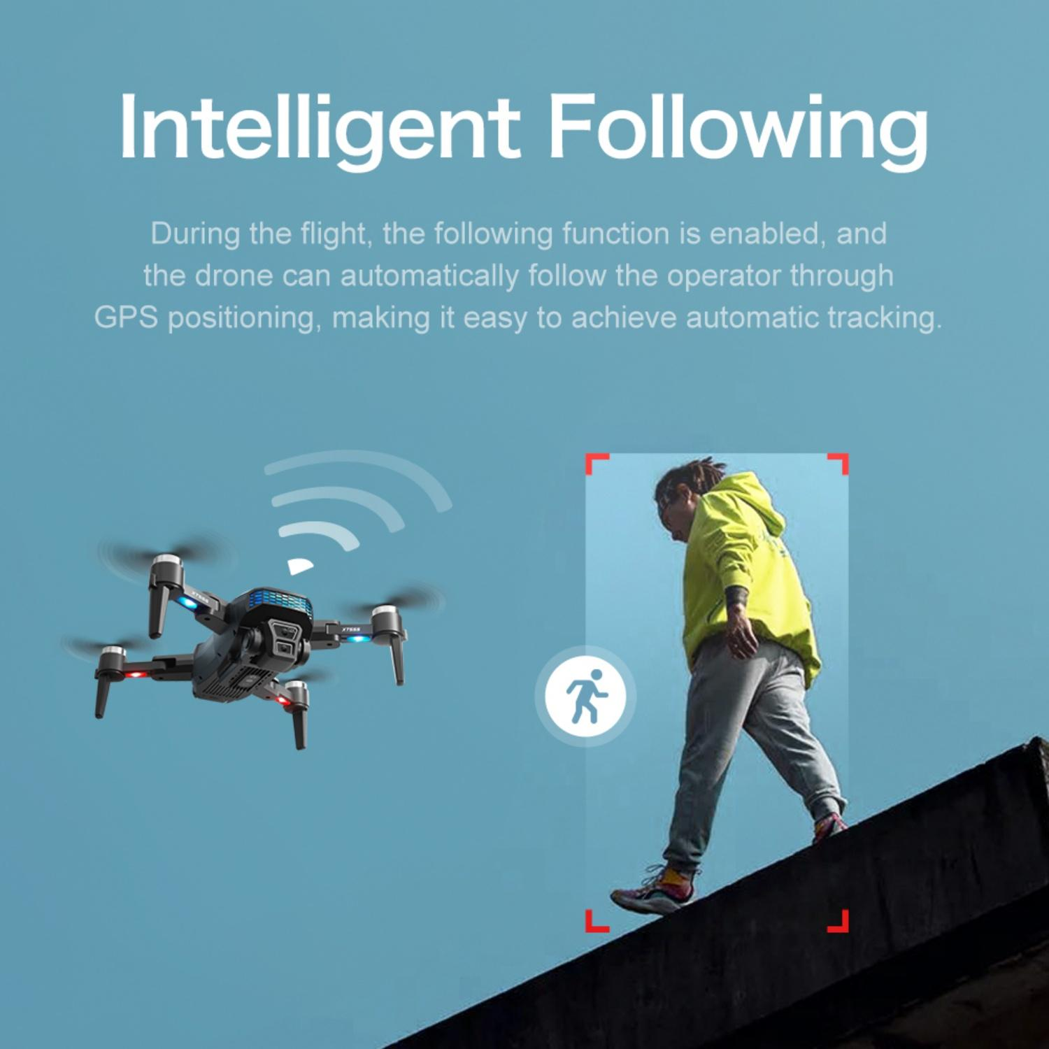 Eine Drohne fliegt neben einer Person, die auf einem Sims geht. Intelligente Verfolgung.