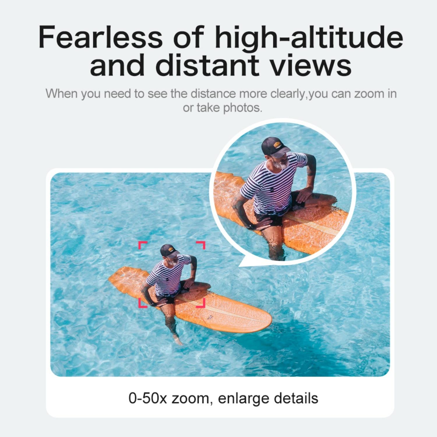 Mann auf Surfbrett in klarem blauem Wasser, mit Zoomdetails.