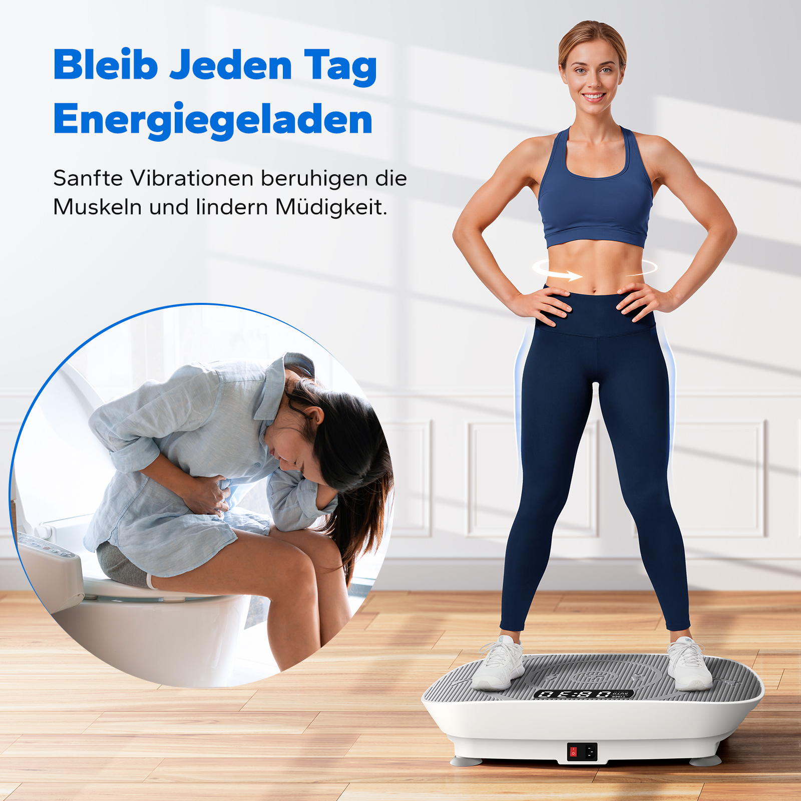 Eine Frau steht auf einer Vibrationsplatte, eine andere sitzt auf der Toilette.