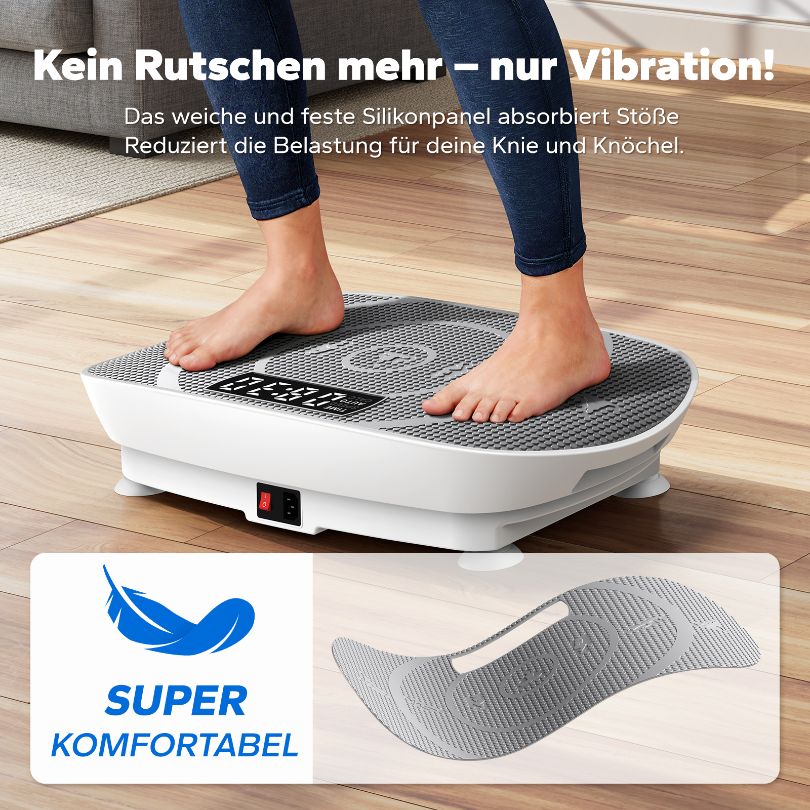 Barfuß auf einem Vibrationsgerät, das sanft zu Knien und Knöcheln ist.